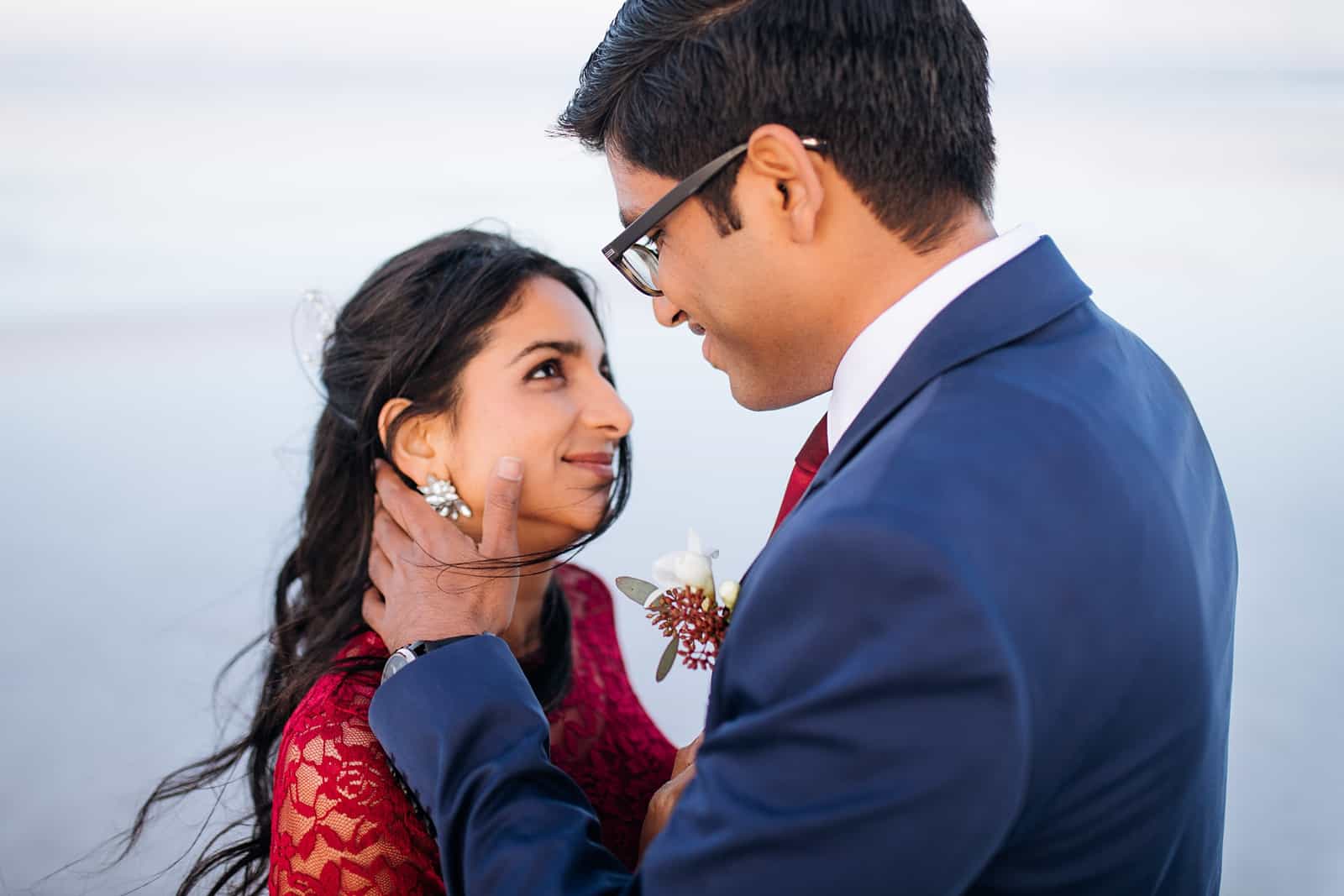 bride and groom, Red lace dress, what to wear for engagement pictures, utah engagement photographer, salt flats, Indian wedding