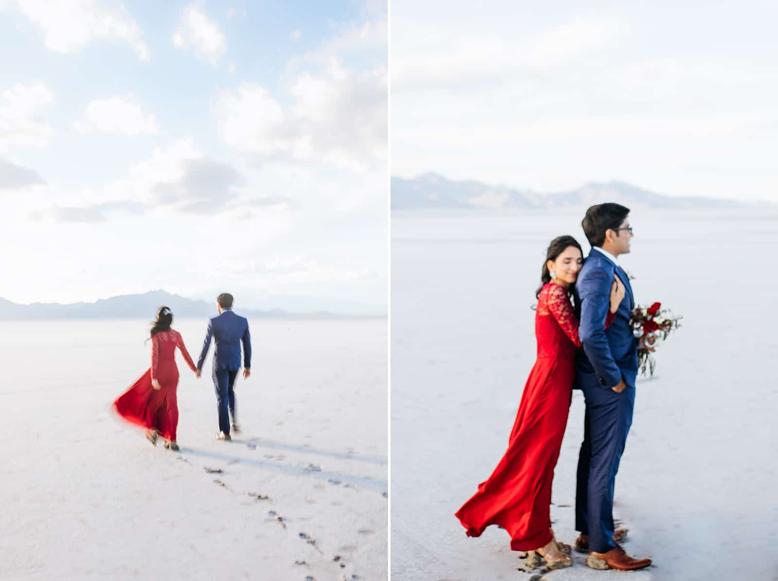 bride and groom, Red lace dress, what to wear for engagement pictures, utah engagement photographer, salt flats, Indian wedding