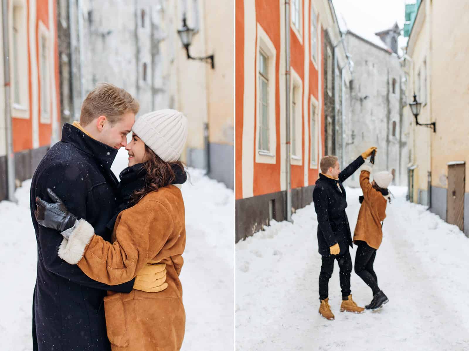 estonia engagement pictures, European city, travel photography, orange building, charming town, dancing in the streets