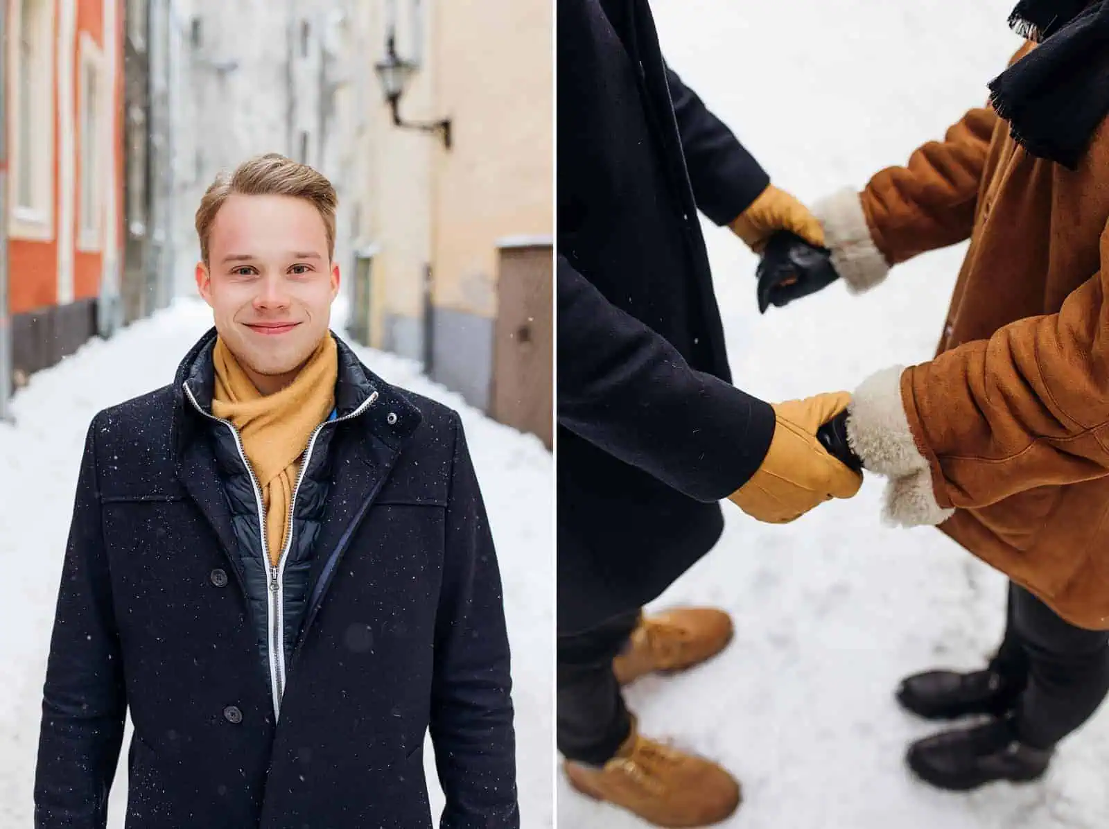 winter couple with hats, coats, scarves and gloves, engagement pictures