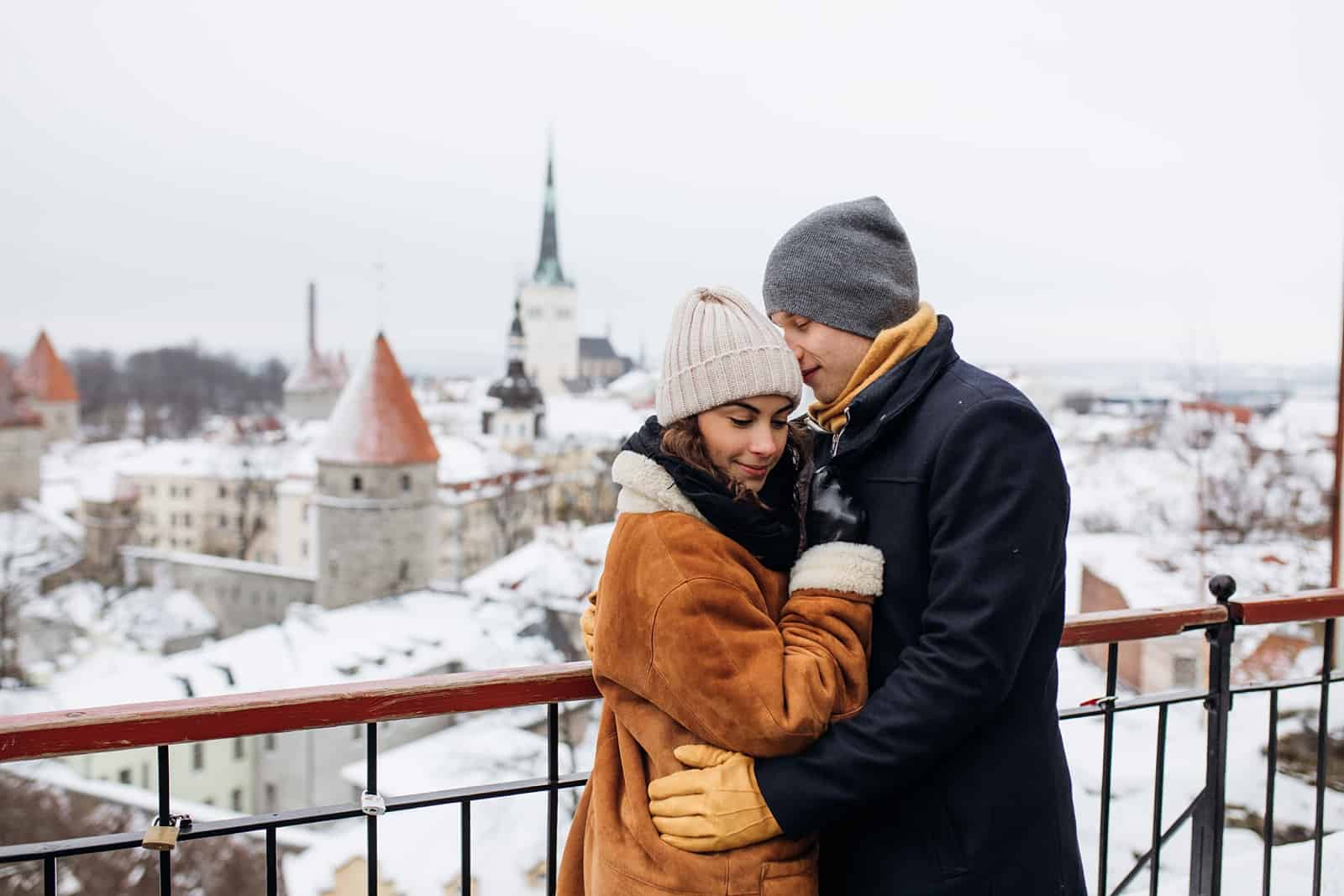 couple estonia winter engagement pictures, European city, travel photography