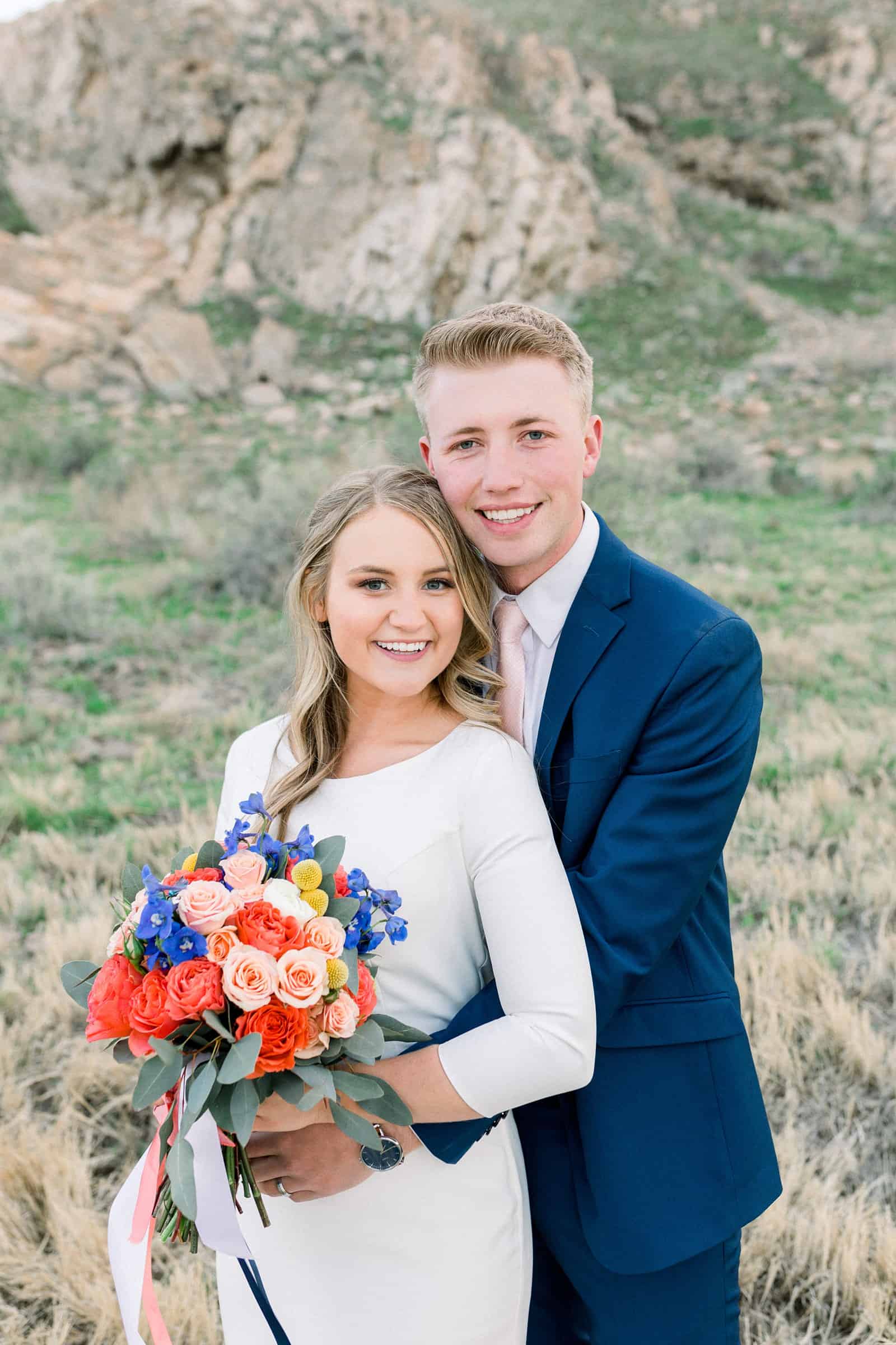 colorful spring flowers, wedding bouquet, Ireland field, bride and groom, Utah mountains, nature wedding photography