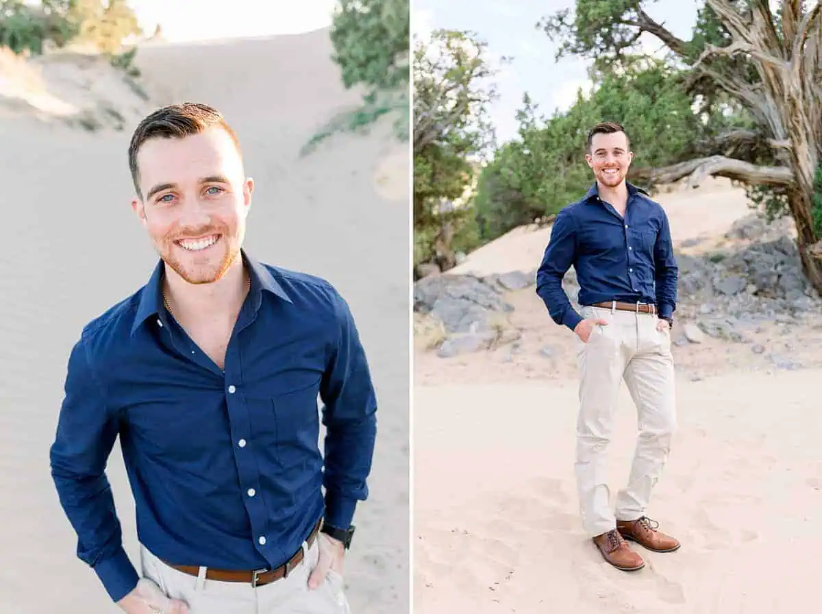 groom outfit, navy shirt, what to wear for engagement pictures