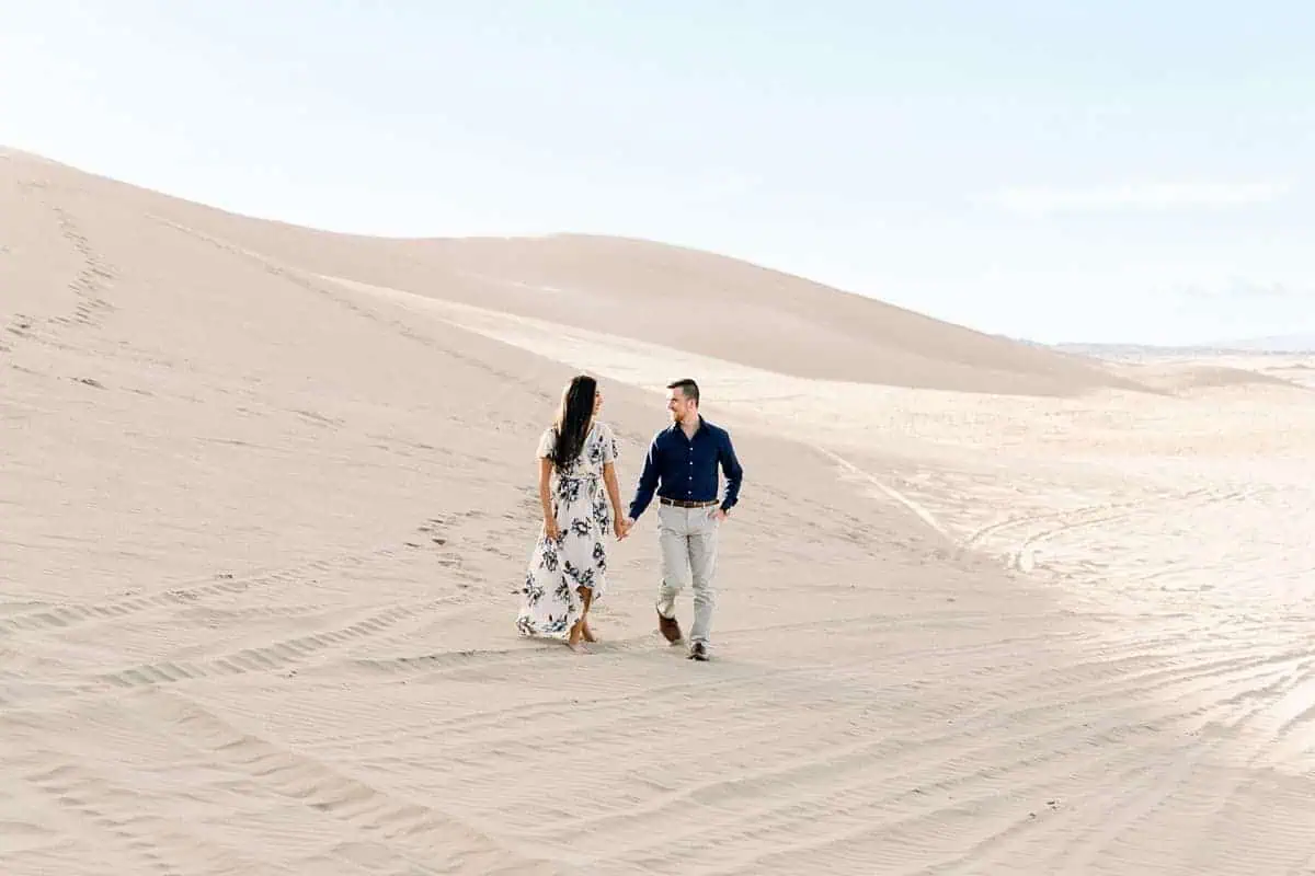 Little Sahara Sand Dunes Engagement Photos with neutral colors, Utah desert photography