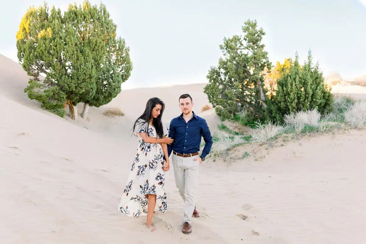 Little Sahara Sand Dunes Engagement Photos with neutral colors, Utah desert photography