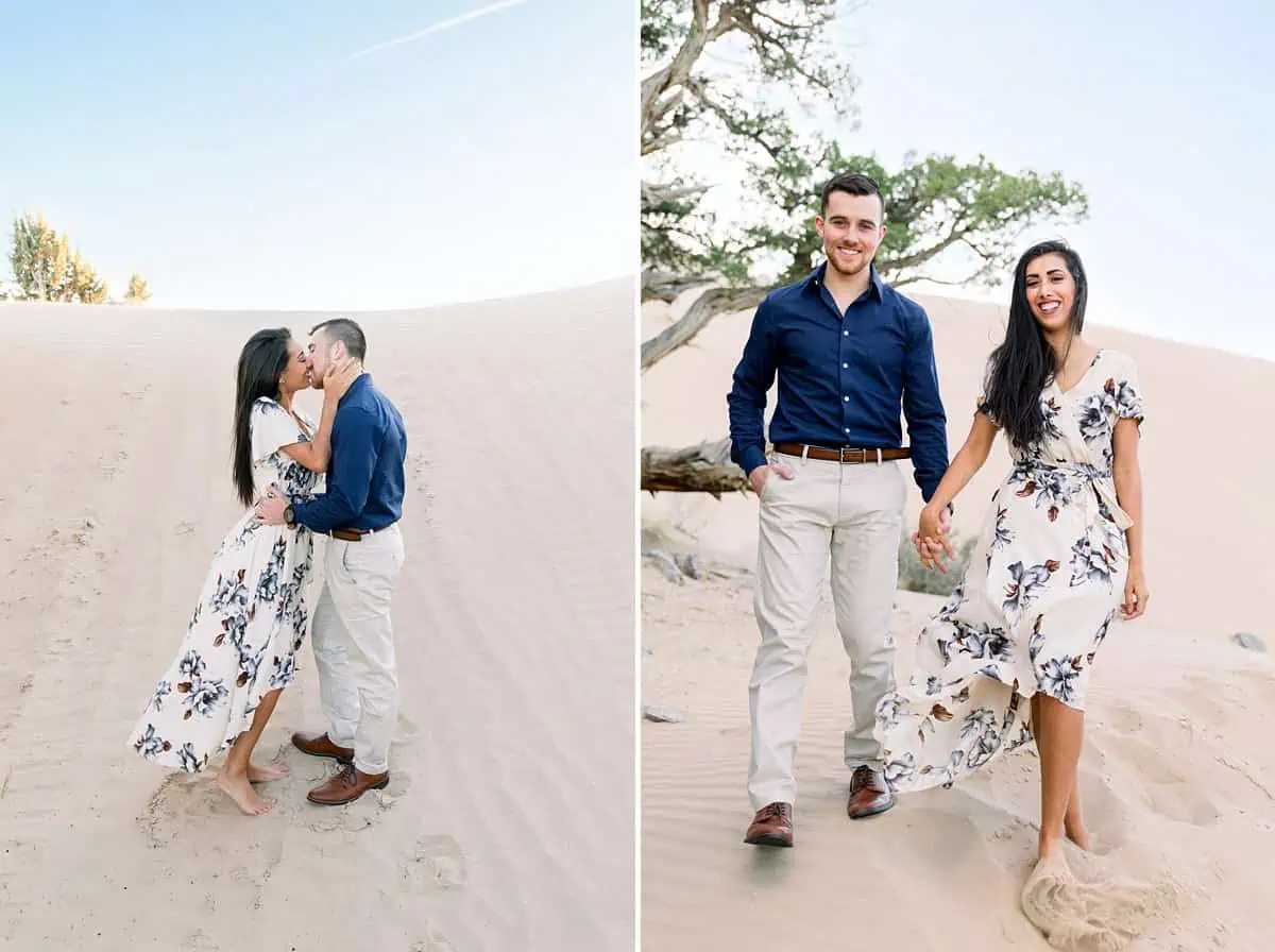 Little Sahara Sand Dunes Engagement Photos with neutral colors, Utah desert photography