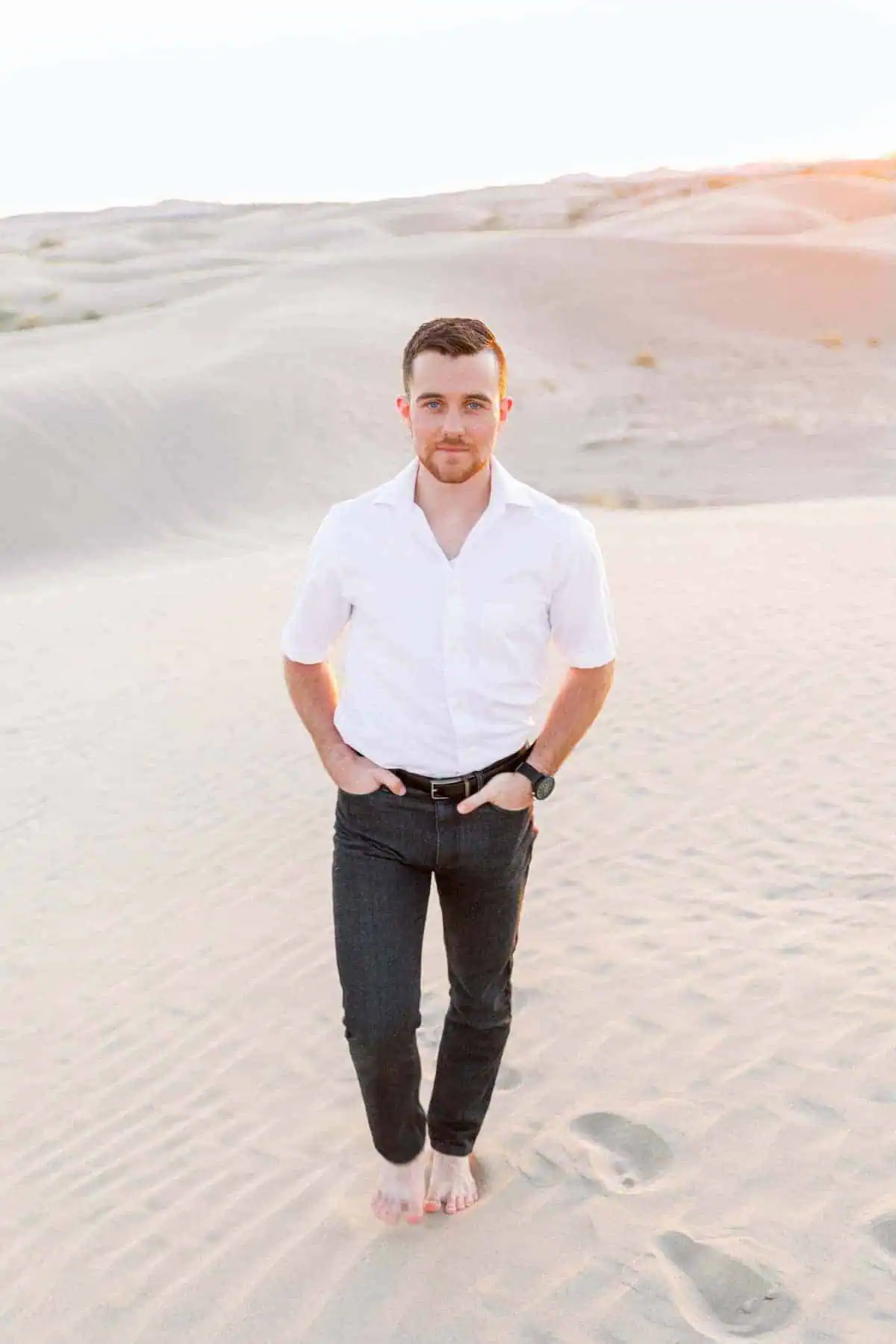 What to wear for engagement pictures, white shirt with black jeans, desert photography, guys outfit, groom outfit