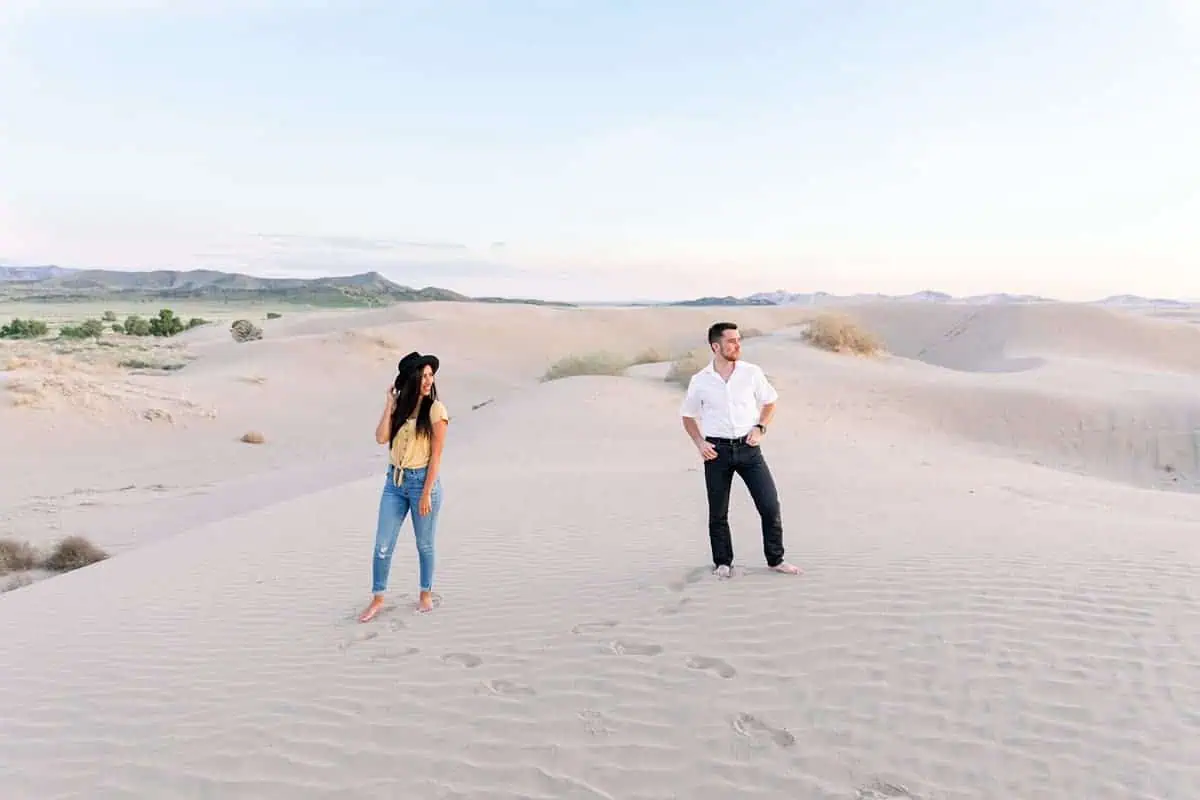 Little Sahara Sand Dunes Engagement Photos at sunset, summer outfit, Utah desert photography