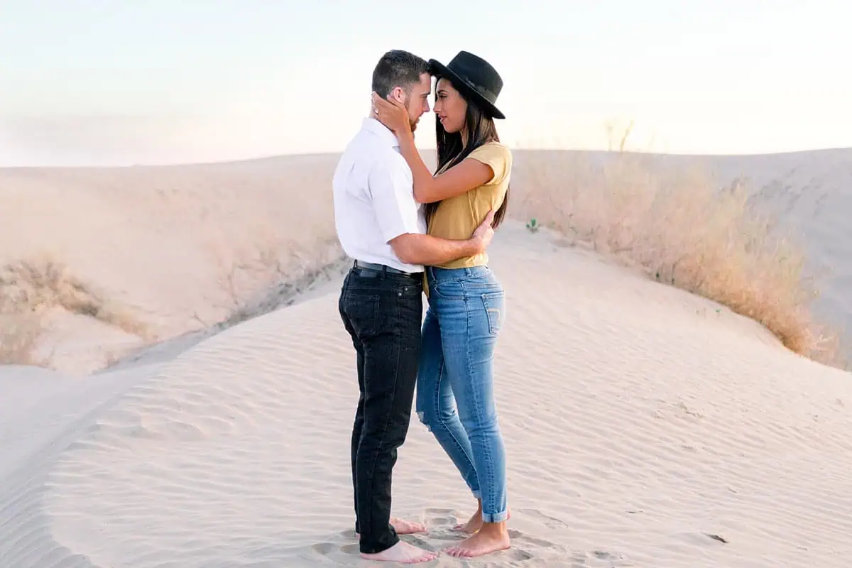 Little Sahara Sand Dunes Fun Engagement Photos at sunset, summer outfit, Utah desert photography