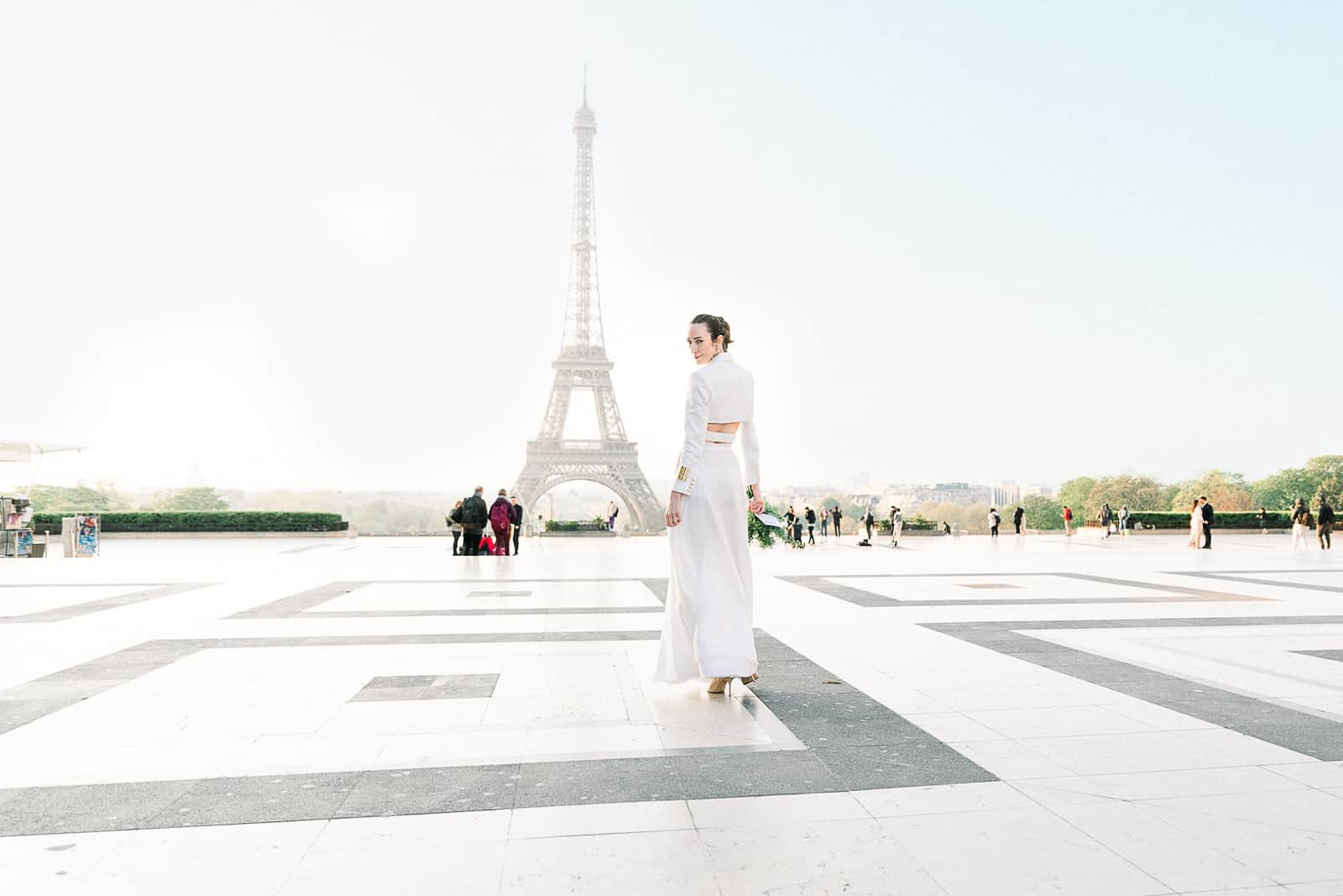 Bride in Paris, France with Eiffel Tower
