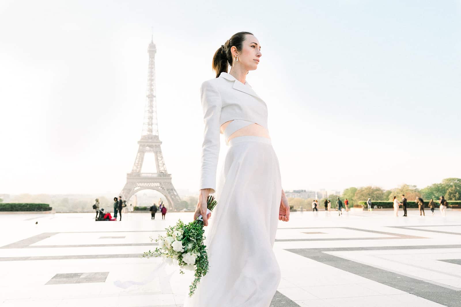 Bride in Paris, France with Eiffel Tower