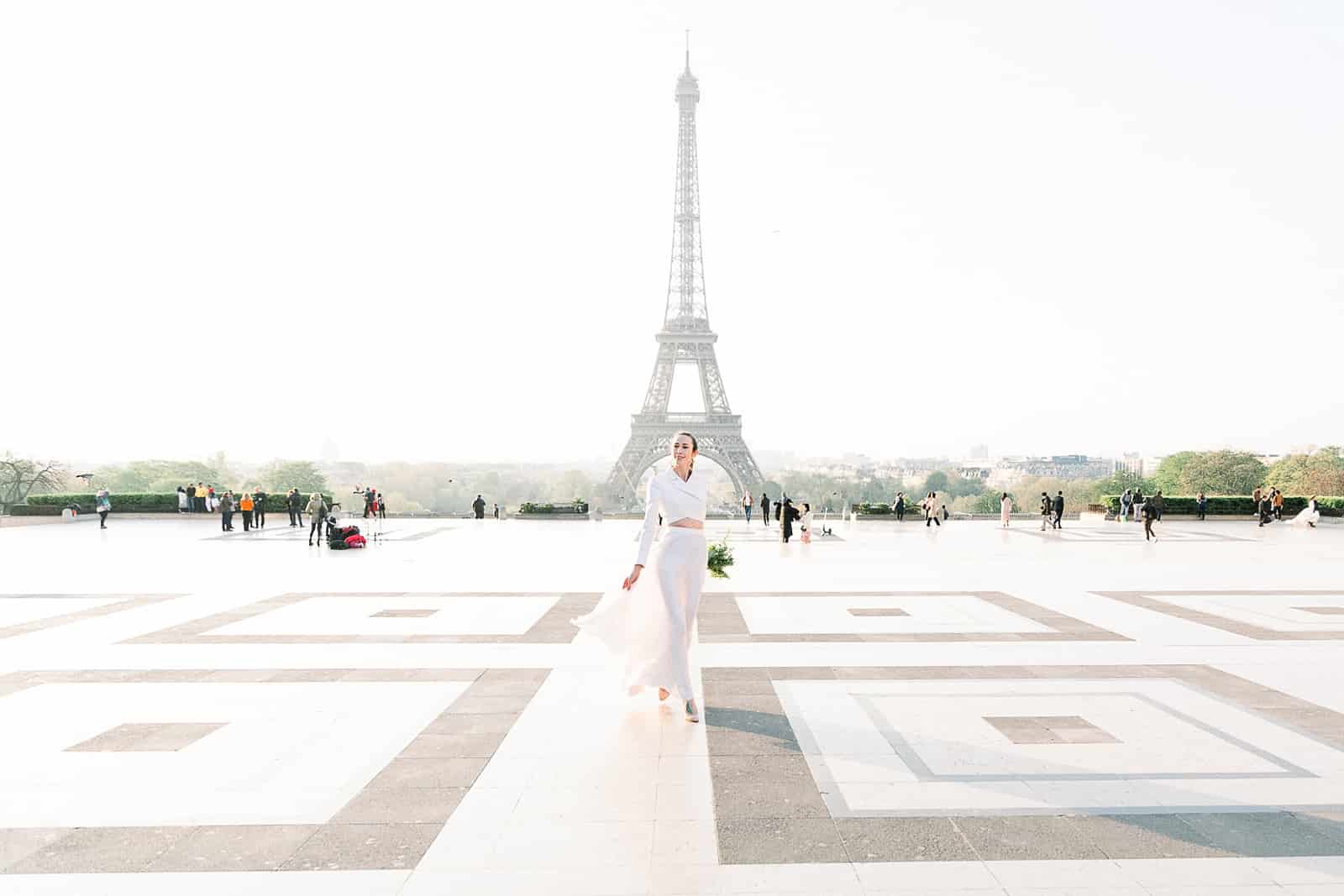 Bride in Paris, France with Eiffel Tower