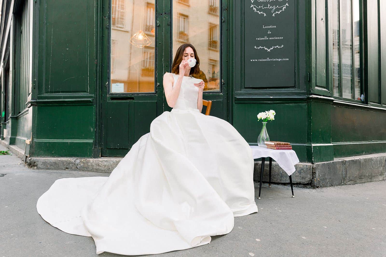 Bride having tea in Paris, France