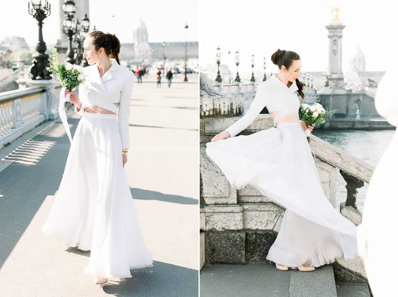 Modern high fashion bride in Paris, France at Pont Alexandre III bridge