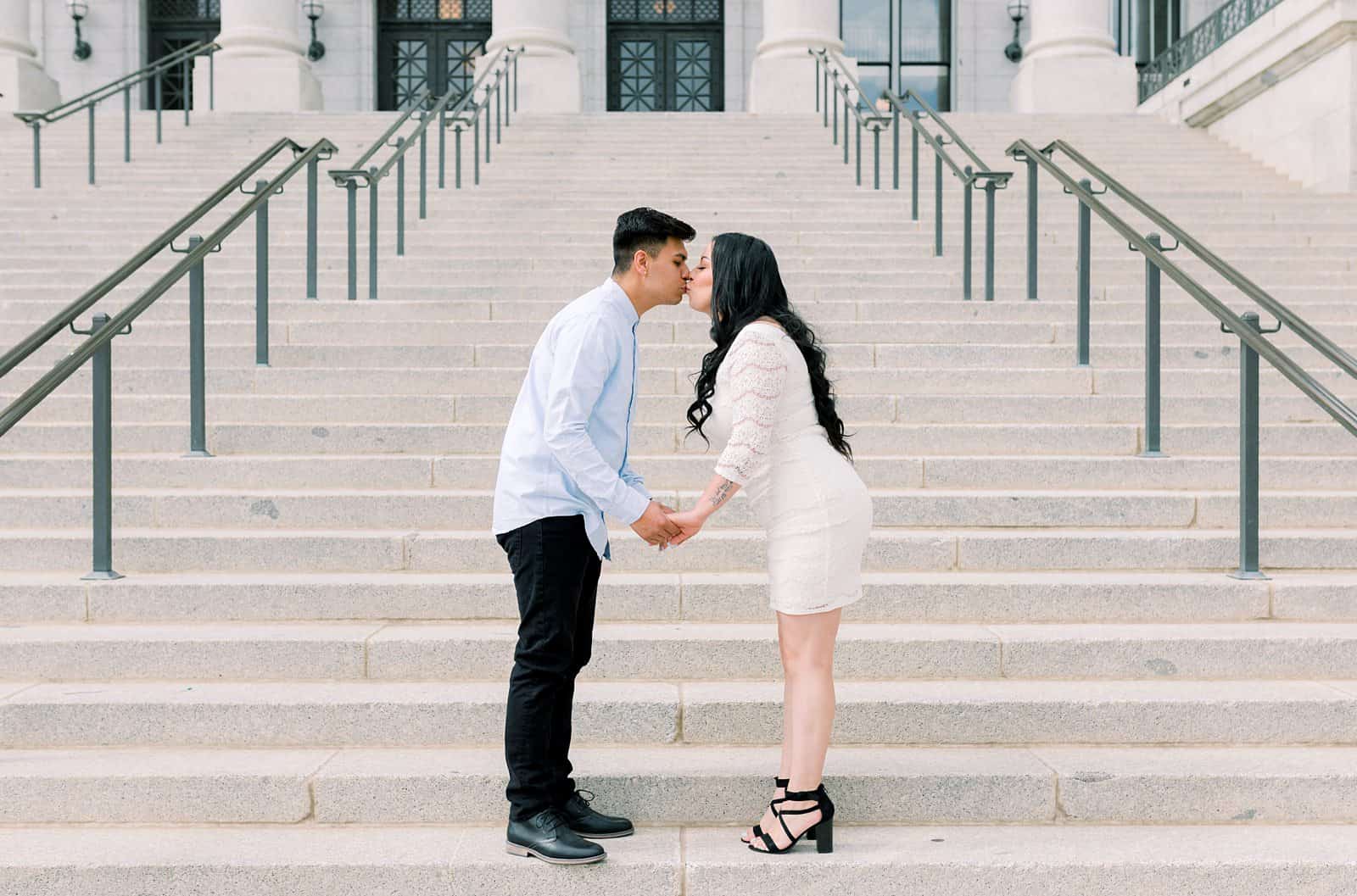 Classy engagement photos at the Utah State Capitol Building in downtown Salt Lake City, outfit for engagement pictures
