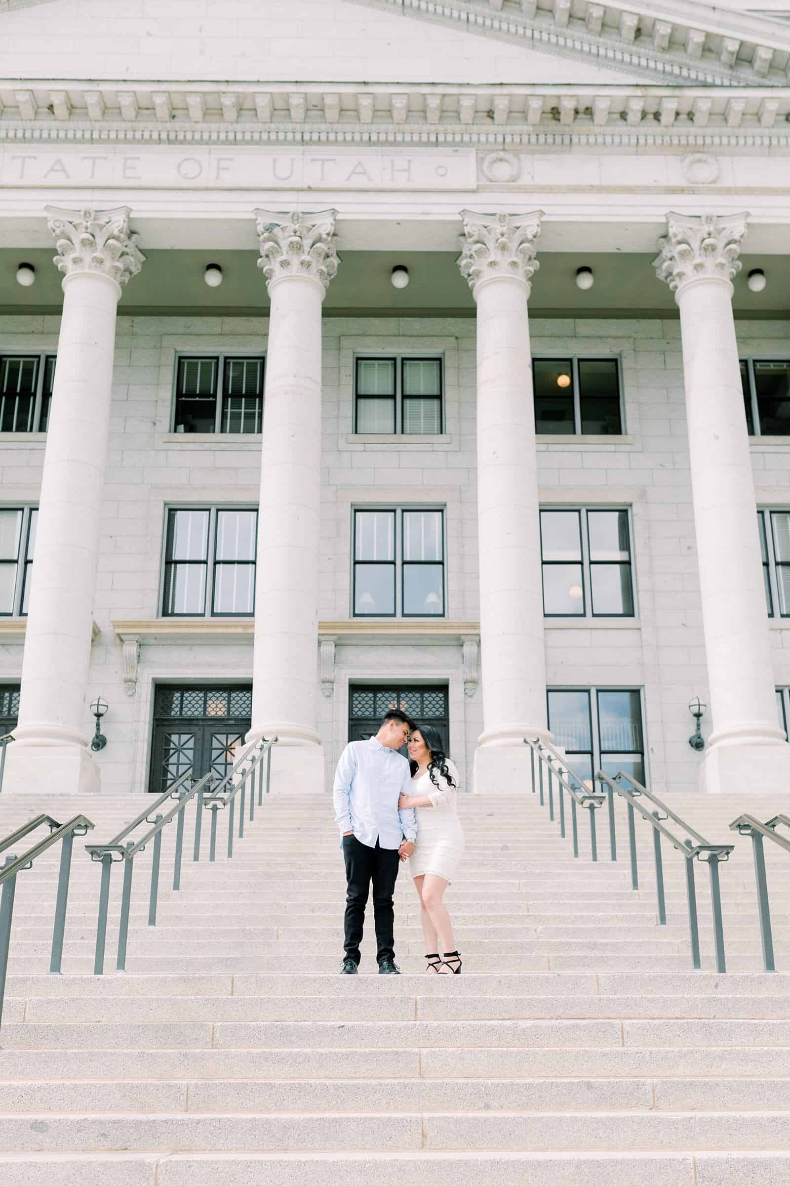 Classy engagement photos at the Utah State Capitol Building in downtown Salt Lake City, outfit for engagement pictures