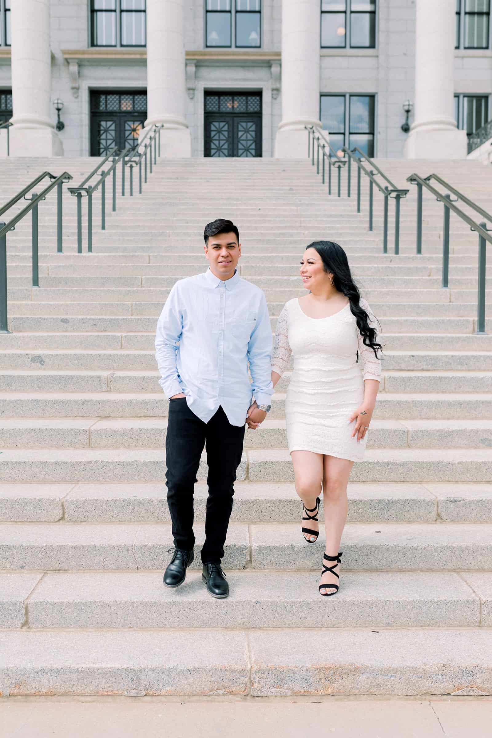 Classy engagement photos at the Utah State Capitol Building in downtown Salt Lake City, outfit for engagement pictures, short white lace dress and light blue button up shirt