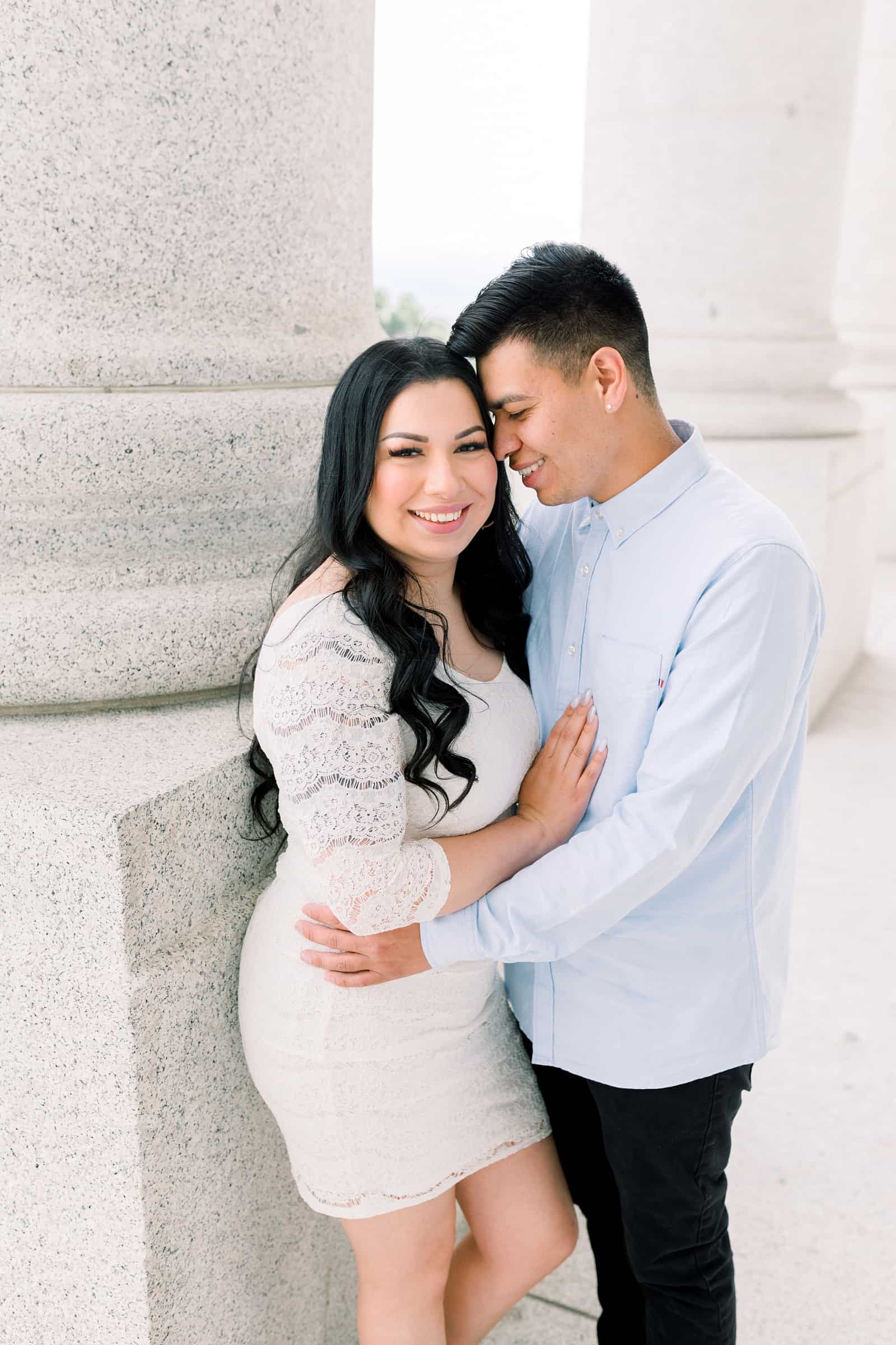 Classy engagement photos at the Utah State Capitol Building in downtown Salt Lake City, outfit for engagement pictures, short white lace dress and light blue button up shirt
