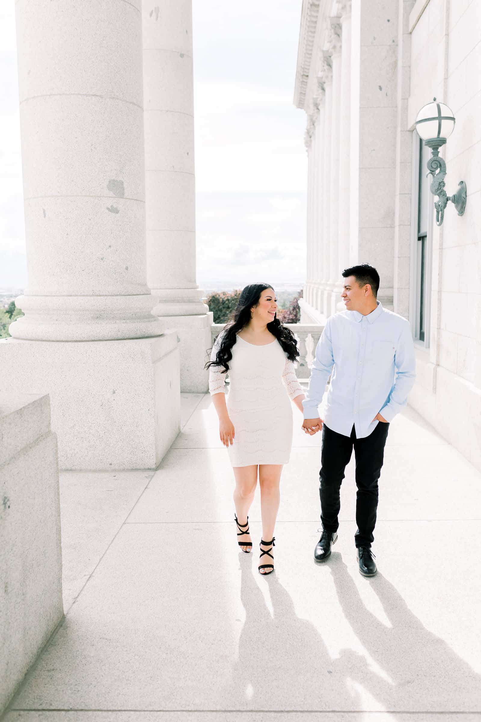 Classy engagement photos at the Utah State Capitol Building in downtown Salt Lake City, outfit for engagement pictures, short white lace dress and light blue button up shirt