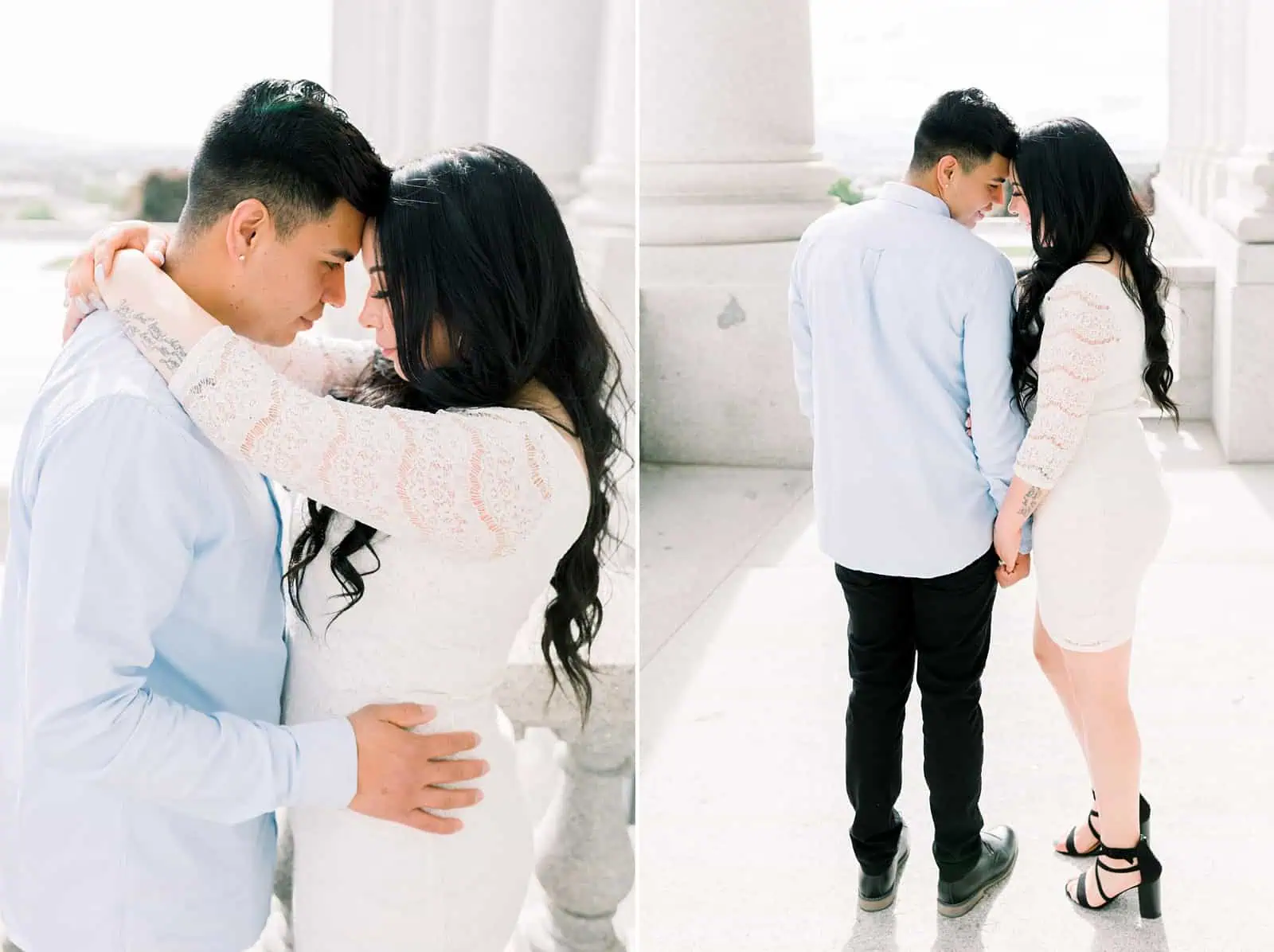 Classy engagement photos at the Utah State Capitol Building in downtown Salt Lake City, outfit for engagement pictures, short white lace dress and light blue button up shirt