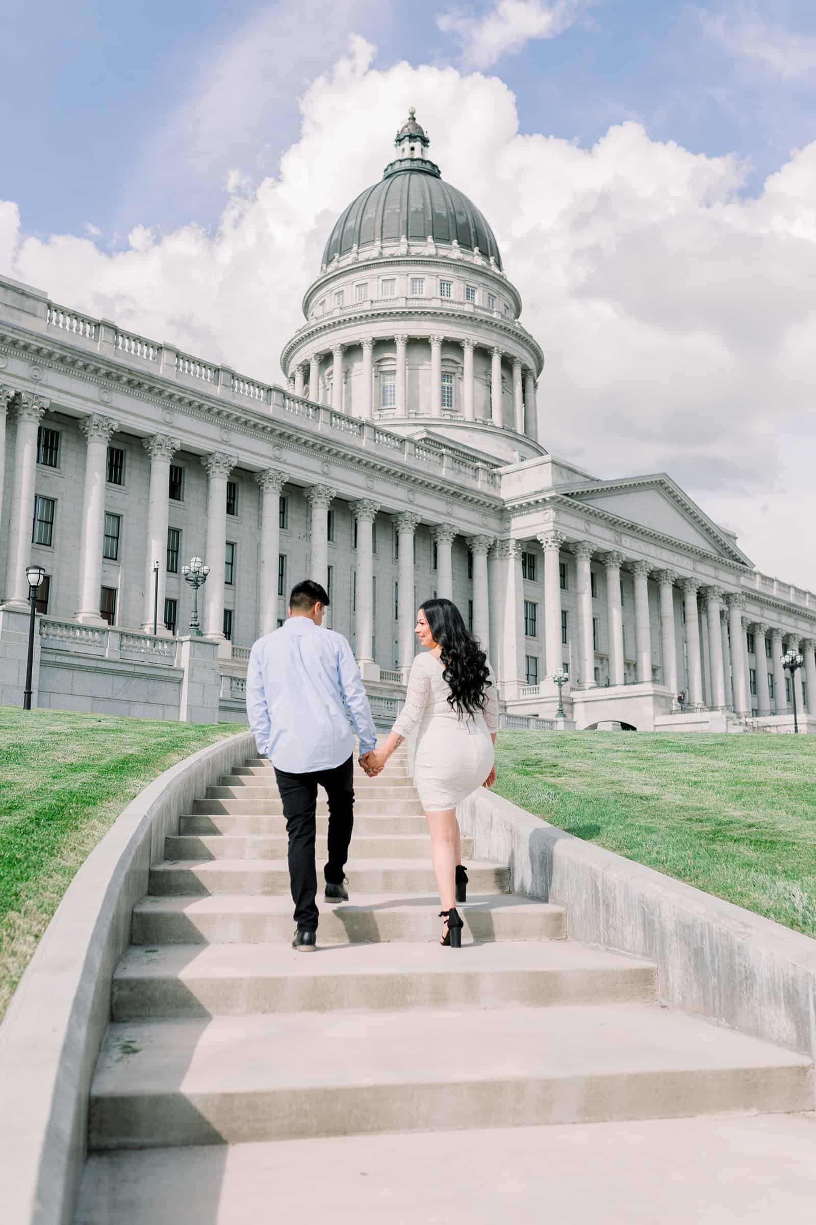 Classy engagement photos at the Utah State Capitol Building in downtown Salt Lake City, outfit for engagement pictures