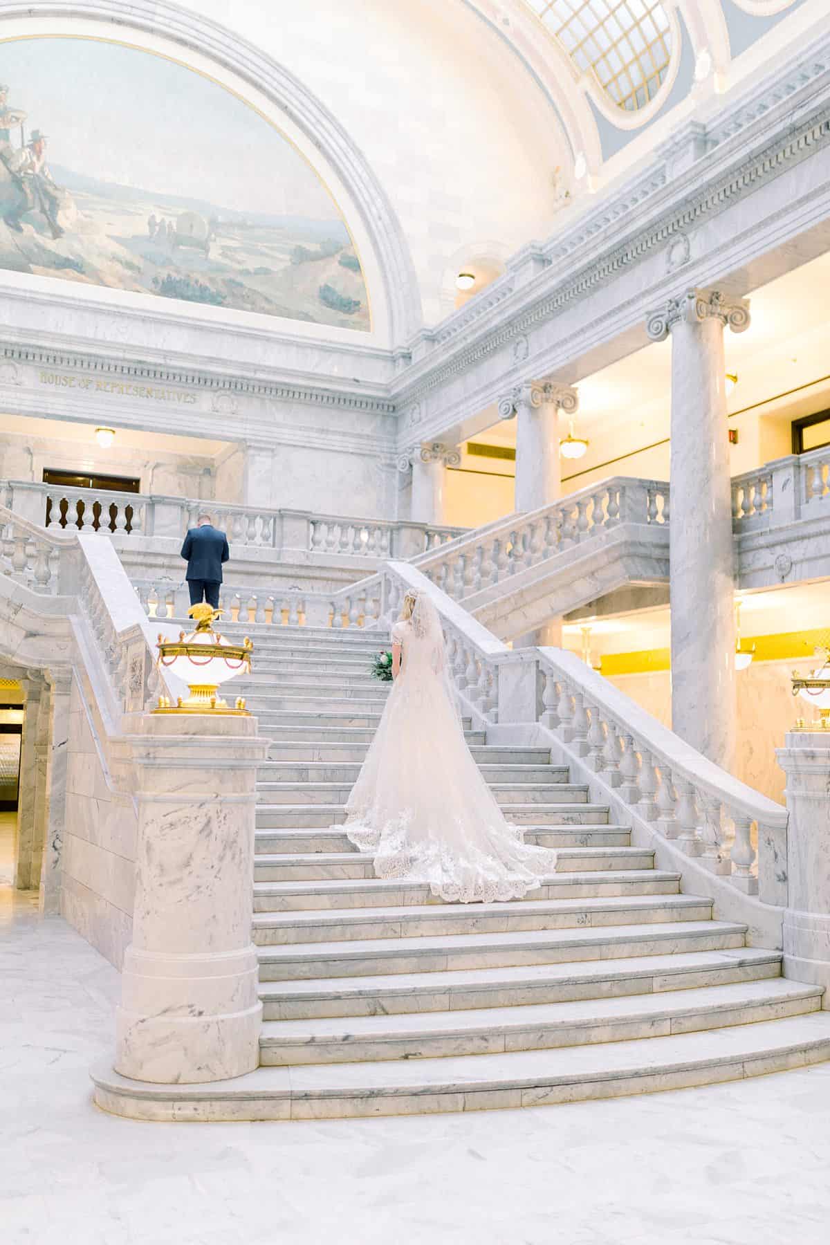 Bride and groom first look at Utah State Capitol Building, spring film wedding photography