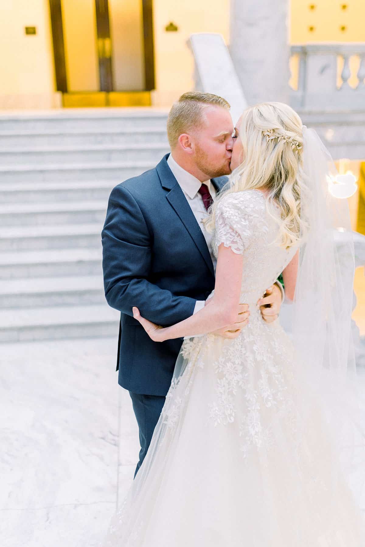 Bride and groom at Utah State Capitol Building, spring film wedding photography