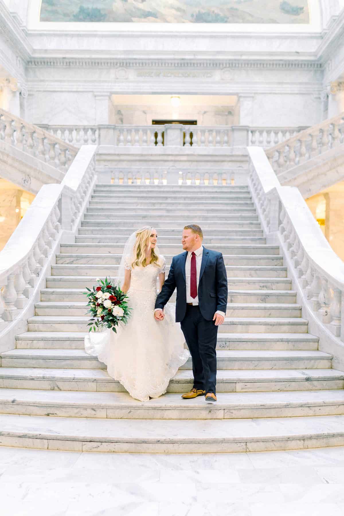 Bride and groom at Utah State Capitol Building, spring film wedding photography