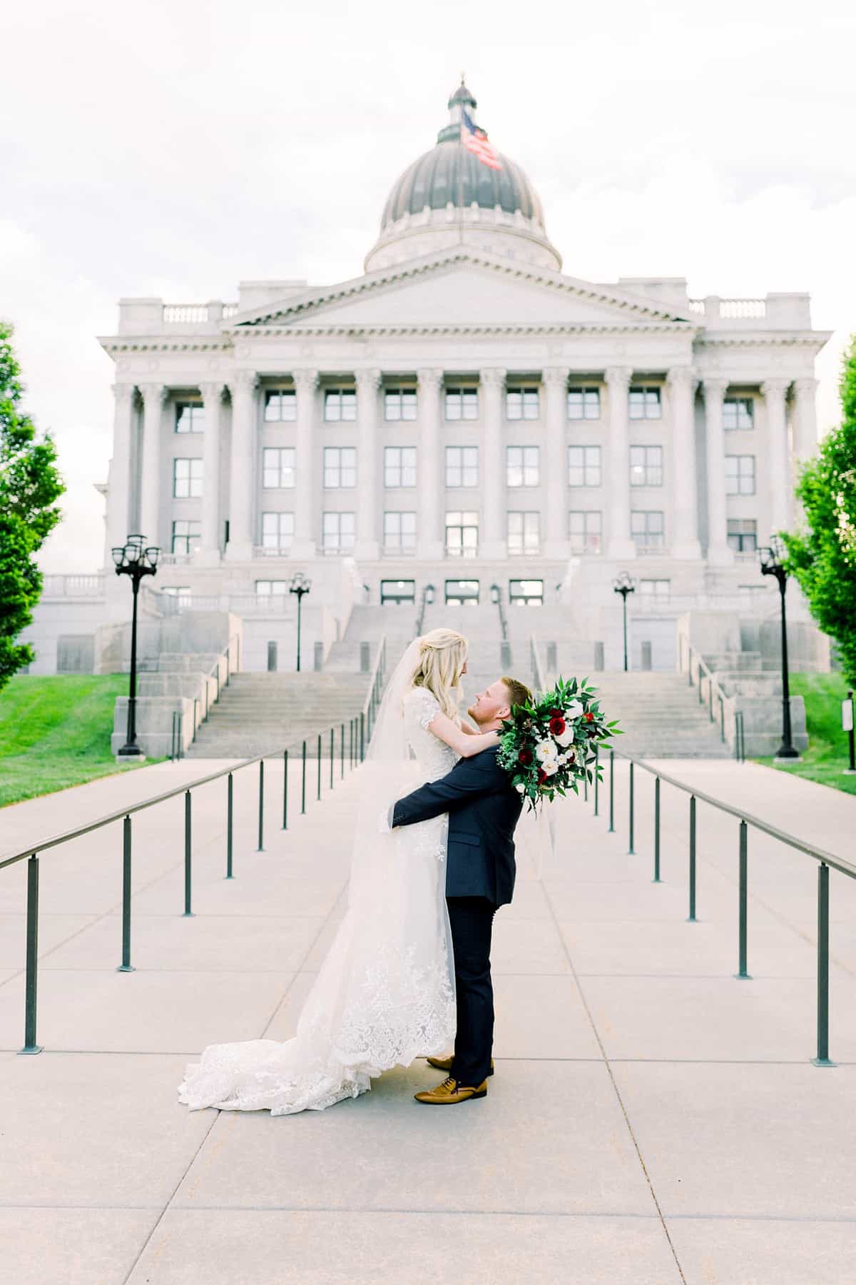 Bride and groom at Utah State Capitol Building, spring film wedding photography