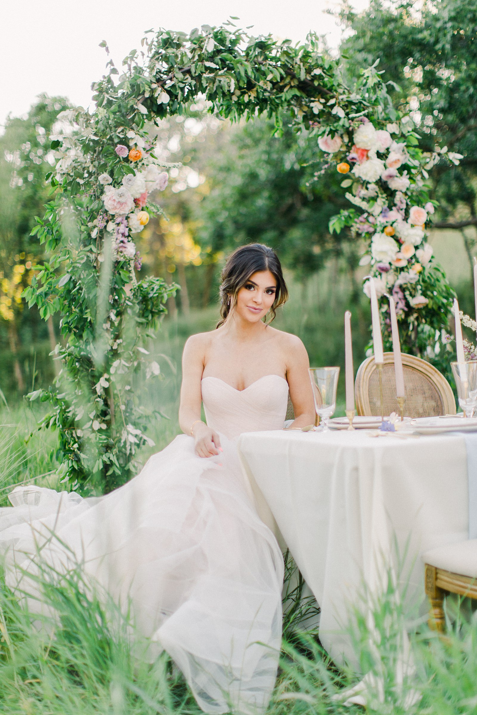 Outdoor Spring Secret Garden Wedding, Provo Utah Film Wedding Photography, floral arch wedding flowers simple white tablescape