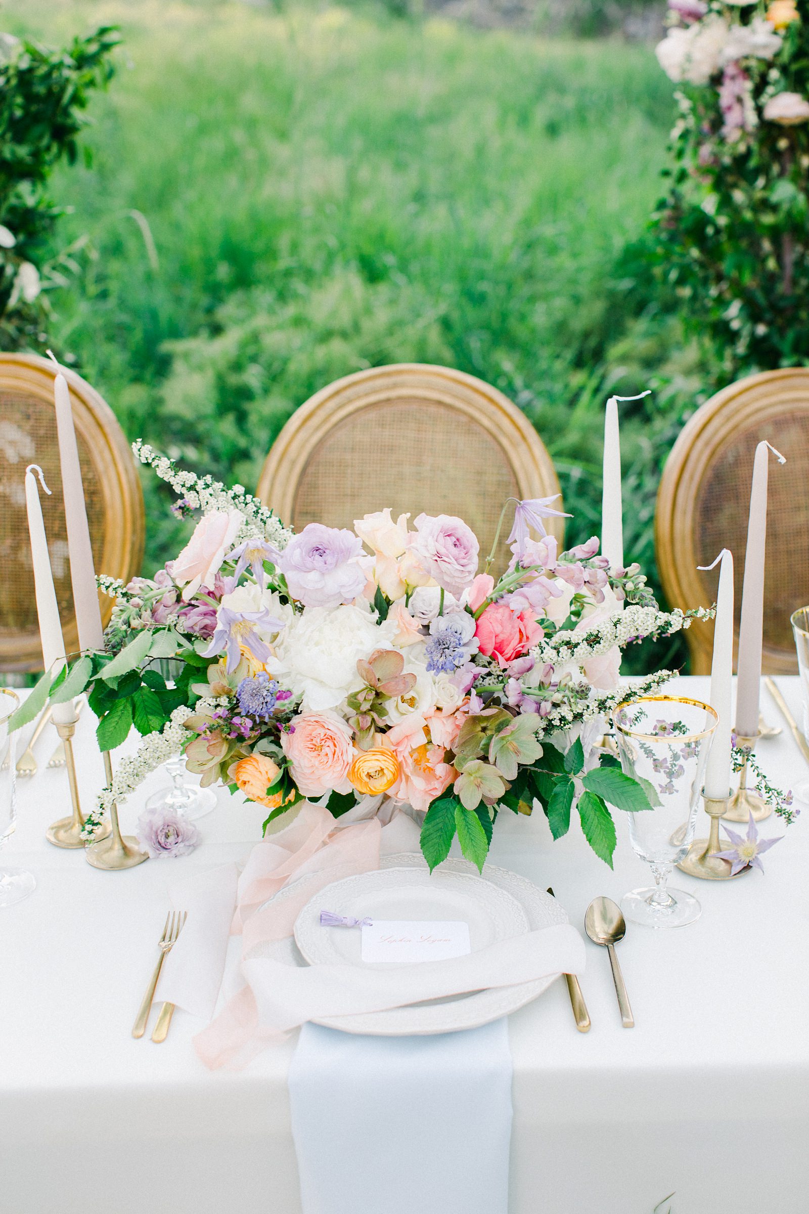 Outdoor Spring Secret Garden Wedding, Provo Utah Film Wedding Photography, colorful floral centerpiece wedding flowers simple white tablescape