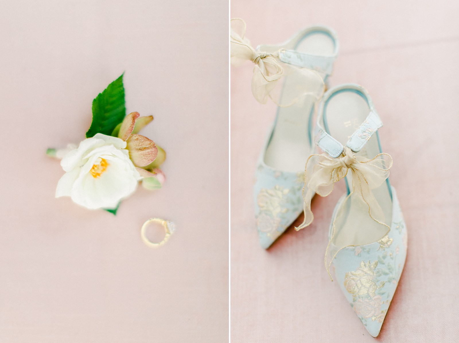 French pastel wedding , blue embroidered bride shoes, fine art film wedding photography