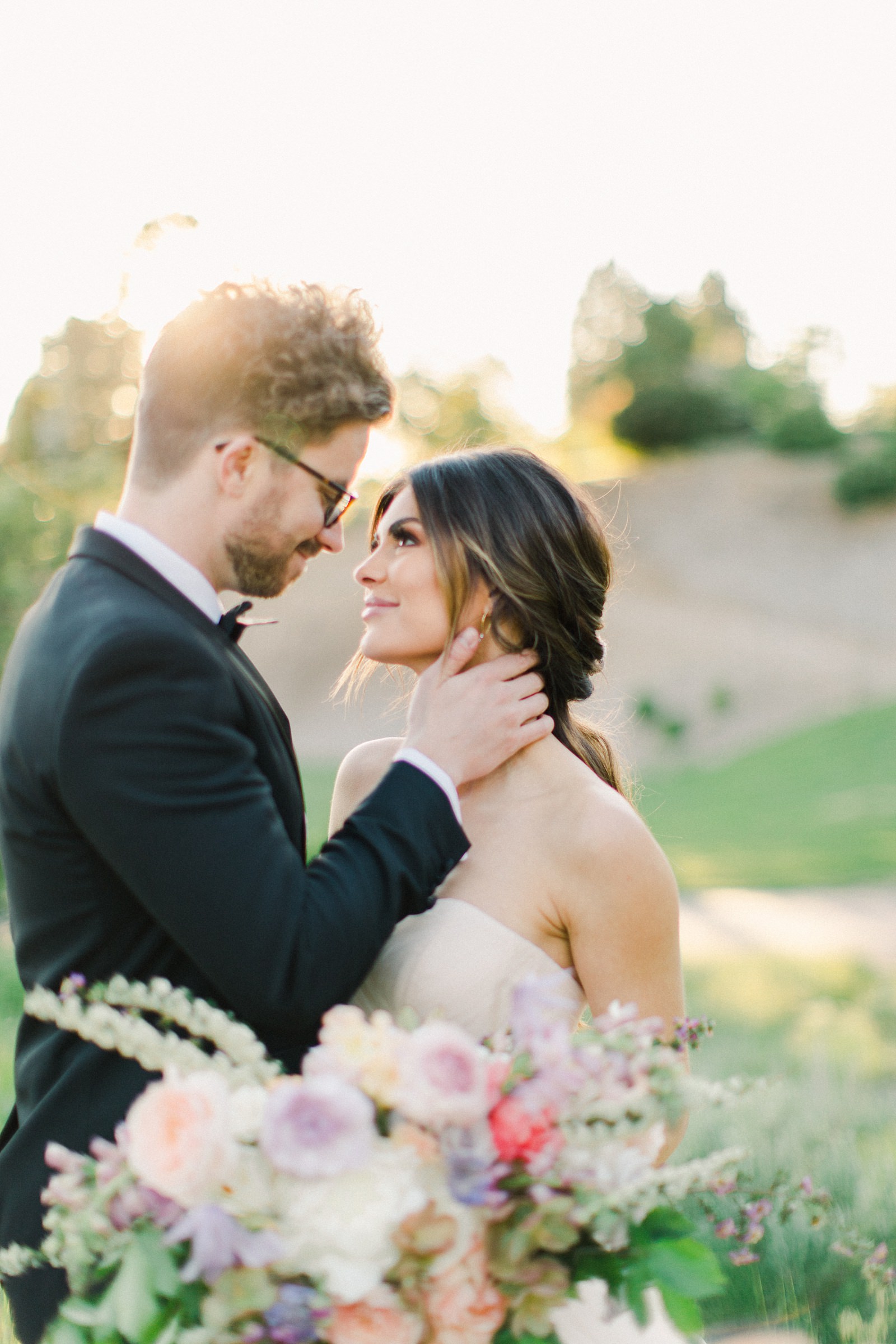 Outdoor Spring Secret Garden Wedding, Provo Utah Film Wedding Photography, pastel wildflower bouquet purple wedding flowers, bride and groom golden hour sunset light