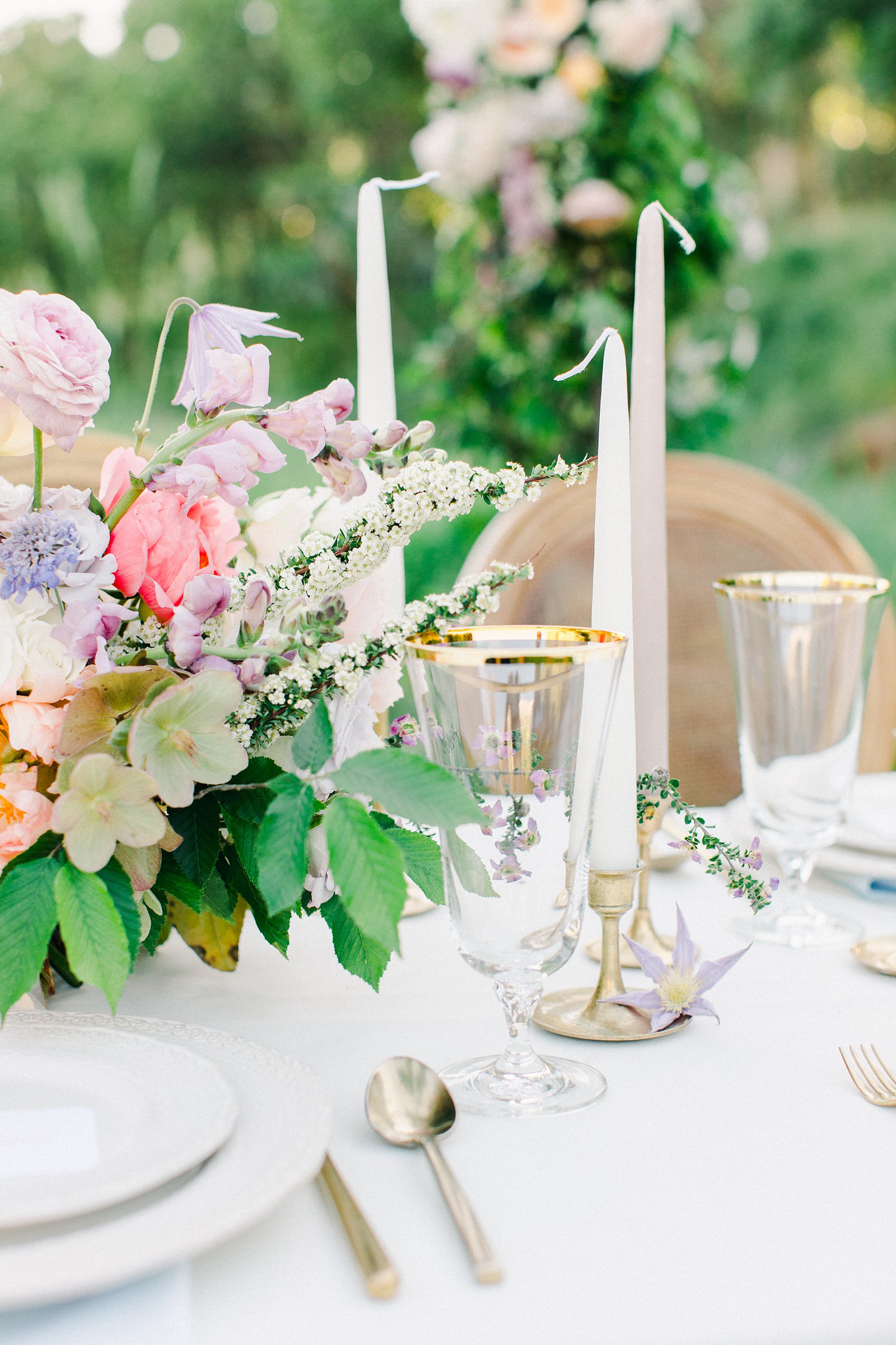 Outdoor Spring Secret Garden Wedding, Provo Utah Film Wedding Photography, colorful floral centerpiece wedding flowers simple white tablescape