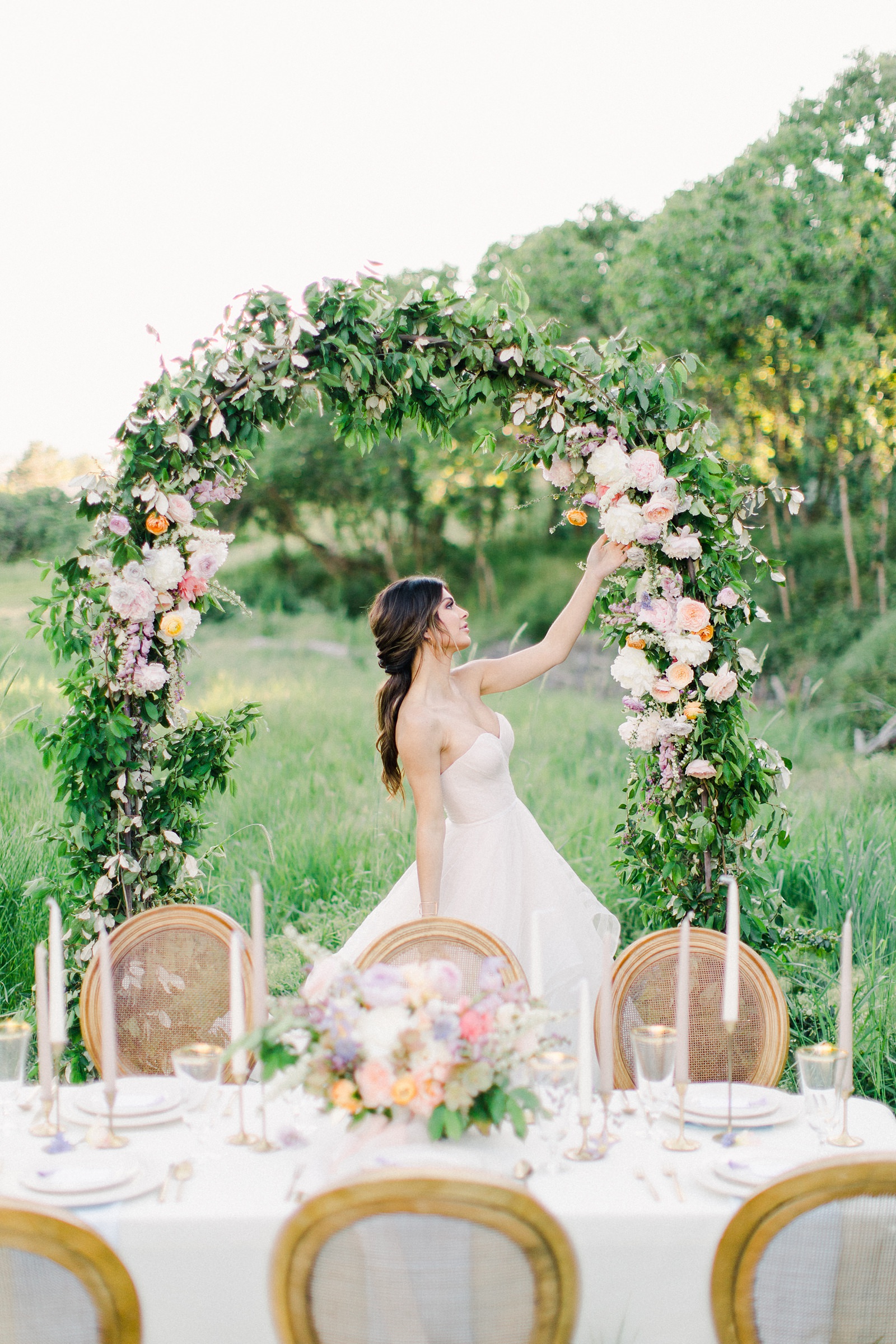 Outdoor Spring Secret Garden Wedding, Provo Utah Film Wedding Photography, floral arch wedding flowers simple white tablescape