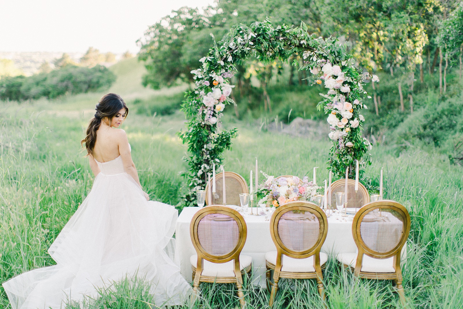 Outdoor Spring Secret Garden Wedding, Provo Utah Film Wedding Photography, floral arch wedding flowers simple white tablescape