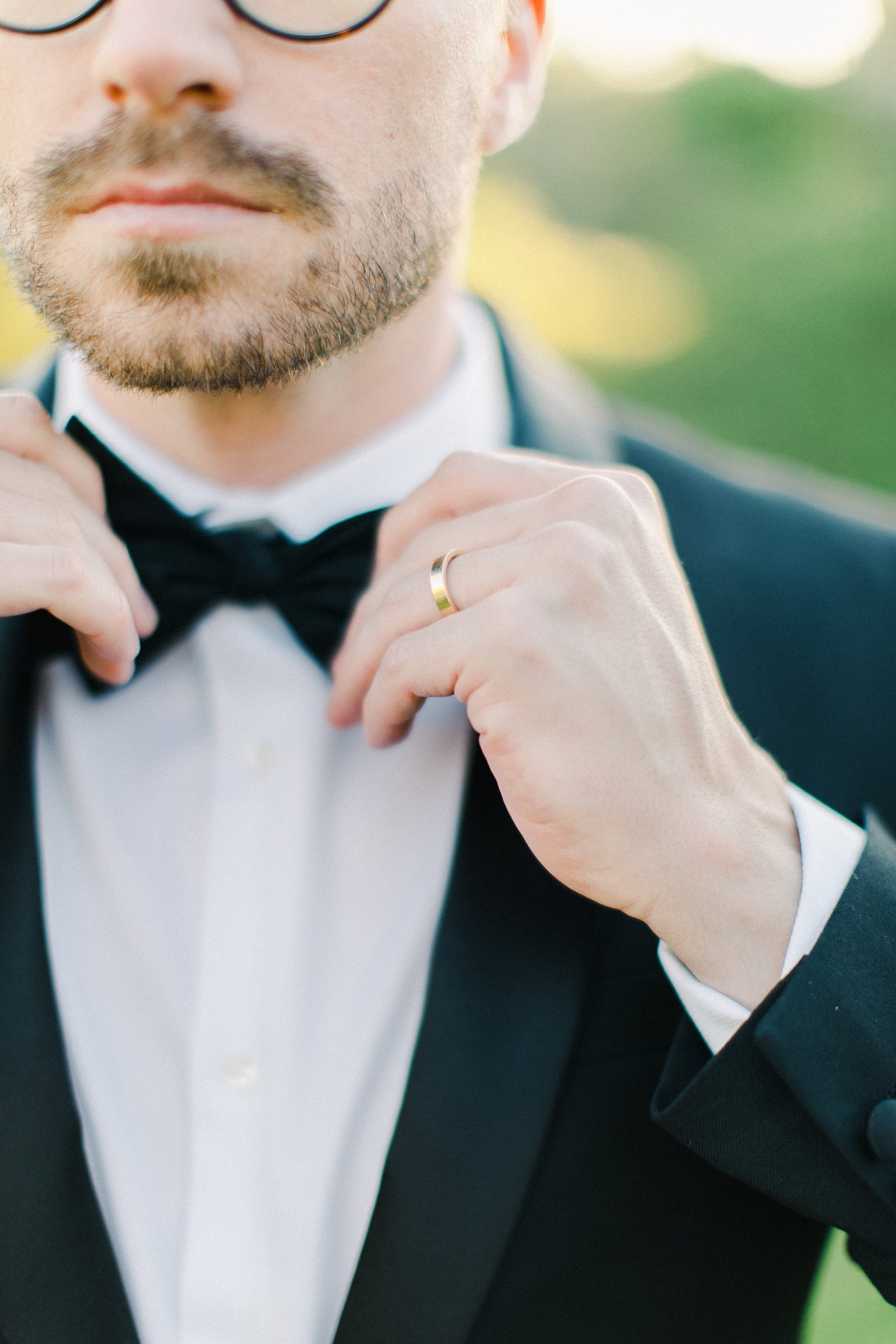 Outdoor Spring Secret Garden Wedding, Provo Utah Film Wedding Photography, groom wearing classic black tuxedo with bow tie golden hour sunset light