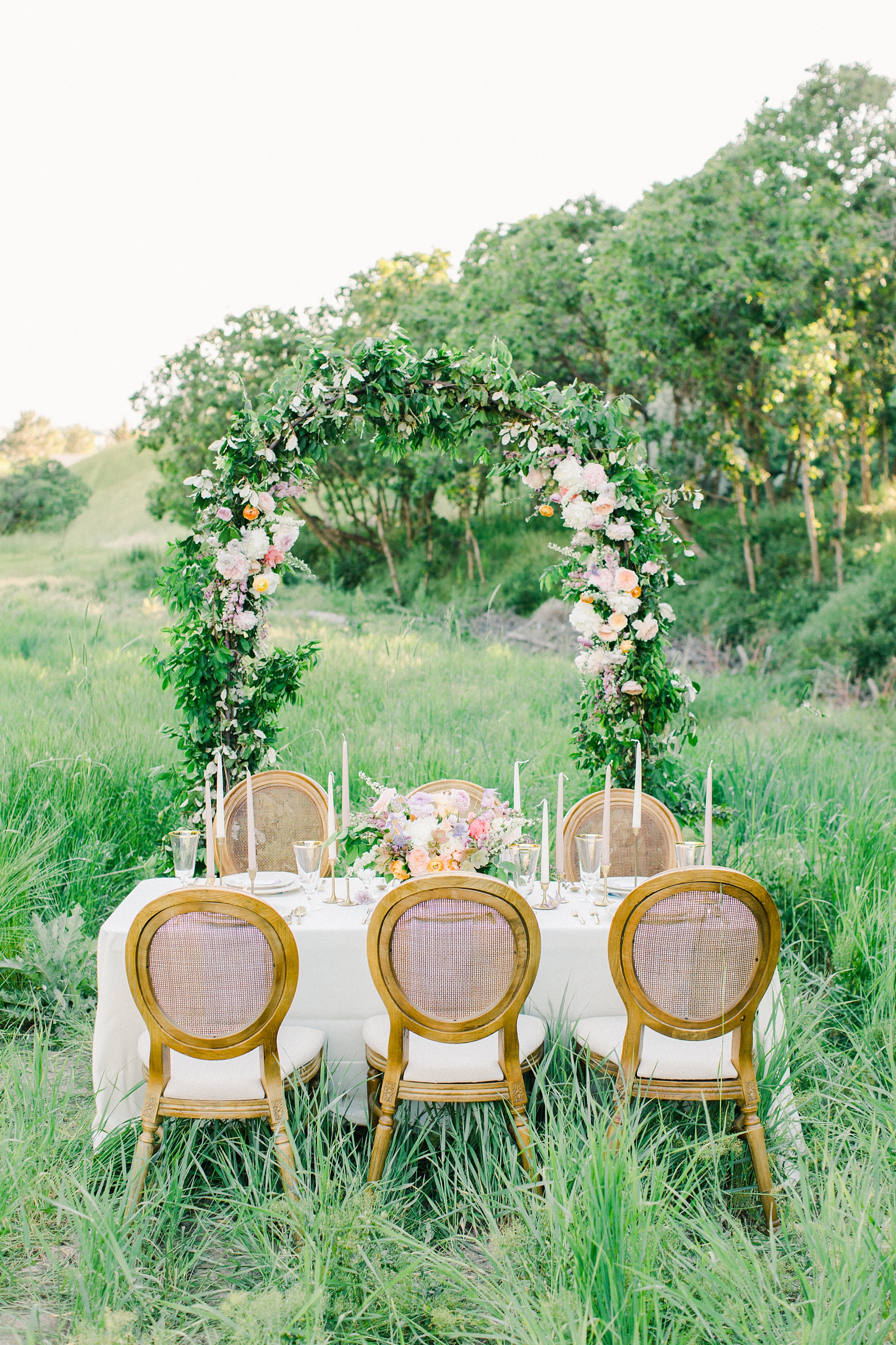 Outdoor Spring Secret Garden Wedding, Provo Utah Film Wedding Photography, floral arch wedding flowers simple white tablescape