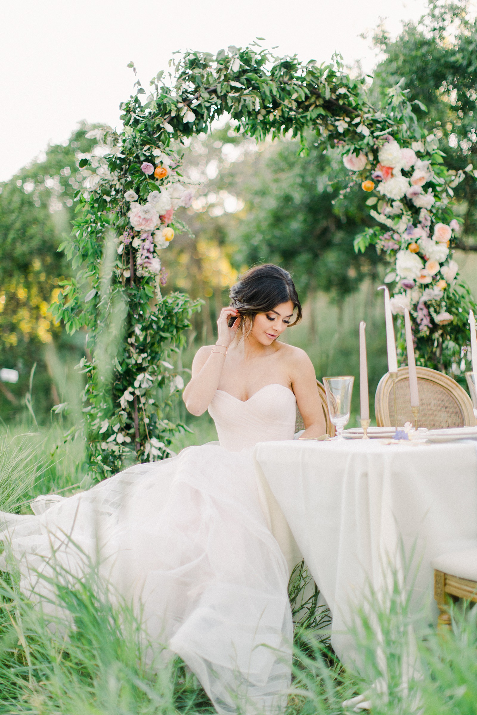 Outdoor Spring Secret Garden Wedding, Provo Utah Film Wedding Photography, floral arch wedding flowers simple white tablescape