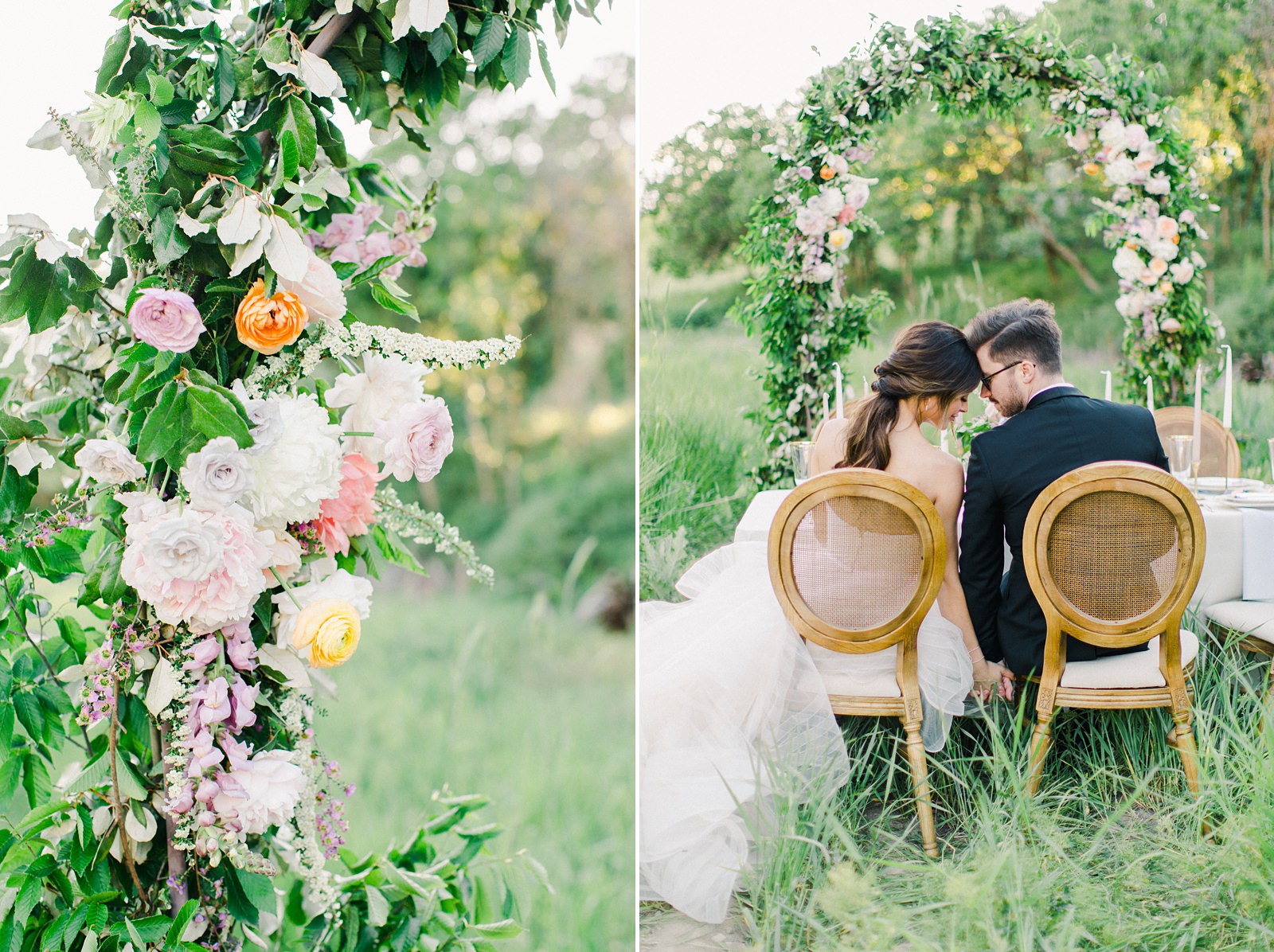 Outdoor Spring Secret Garden Wedding, Provo Utah Film Wedding Photography, floral arch wedding flowers simple white tablescape