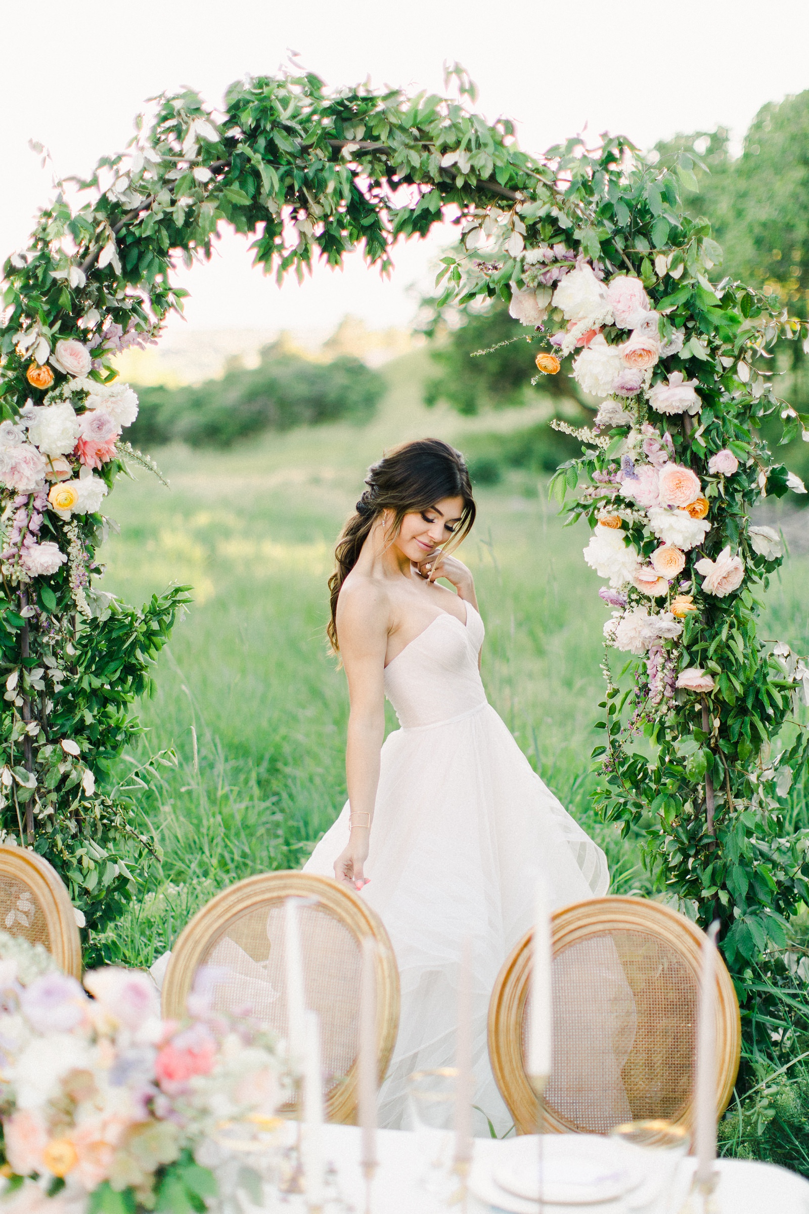 Outdoor Spring Secret Garden Wedding, Provo Utah Film Wedding Photography, floral arch wedding flowers simple white tablescape