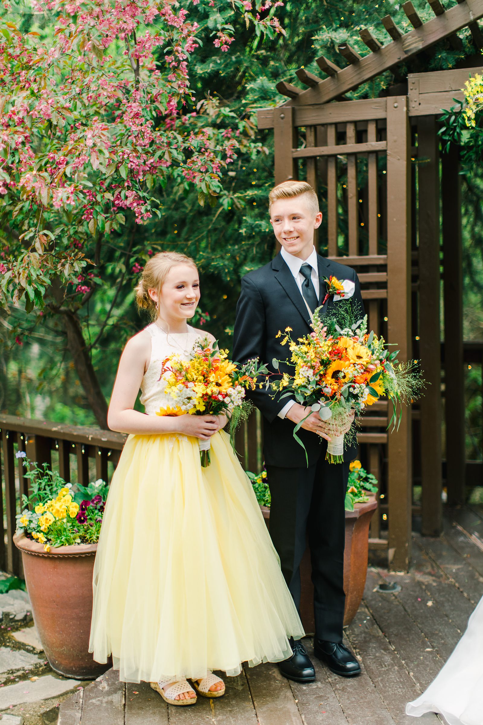 Millcreek Inn Summer Wedding, Utah wedding photography Millcreek Canyon, Salt Lake City, mountain ceremony, yellow bridesmaid dress, sunflower bouquet flowers