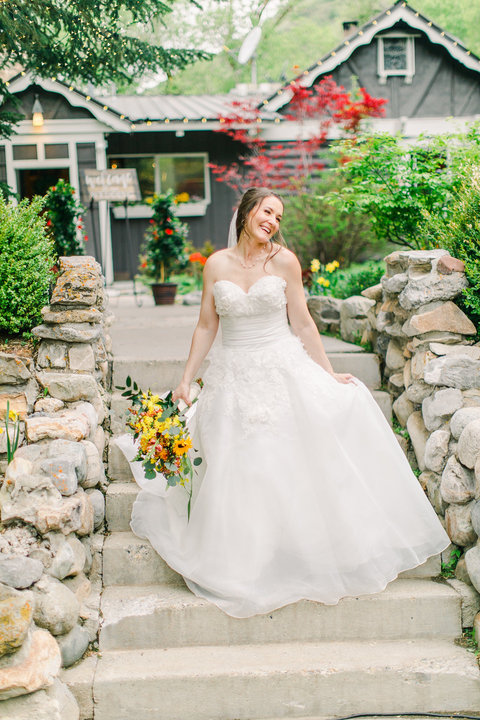 Millcreek Inn Summer Wedding, Utah wedding photography Millcreek Canyon, Salt Lake City, bride tulle ballgown with floral embellishments, sunflower yellow and orange bouquet wedding flowers