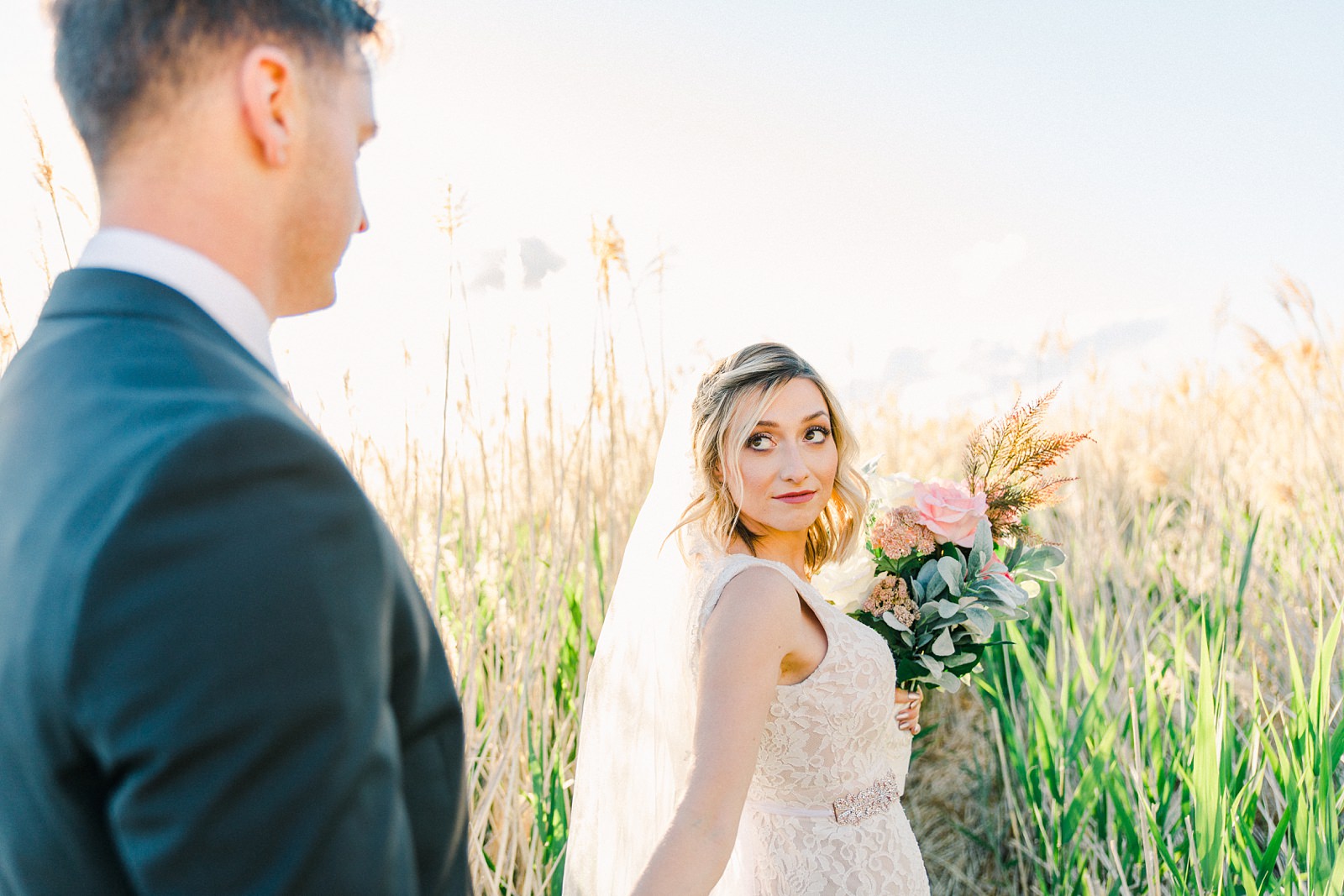 Salt Lake City Utah Bridal Wedding Photography, Tunnel Springs Park, bride and groom golden sunset light