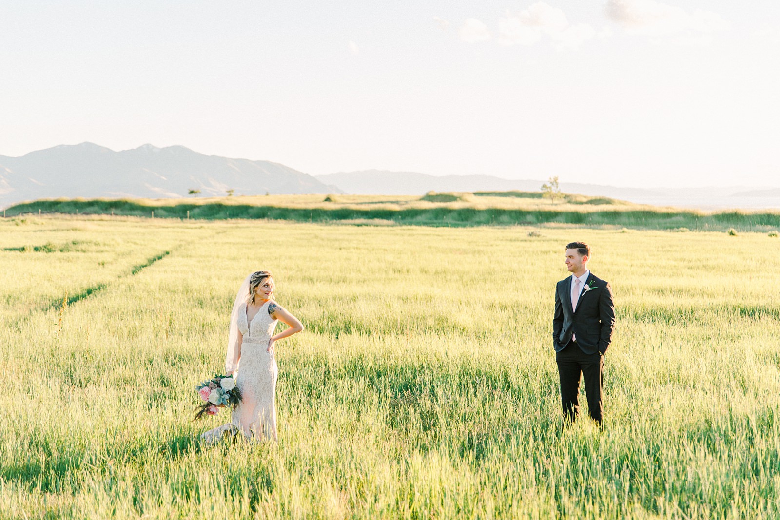 Salt Lake City Utah Bridal Wedding Photography, Tunnel Springs Park, bride and groom in open golden field