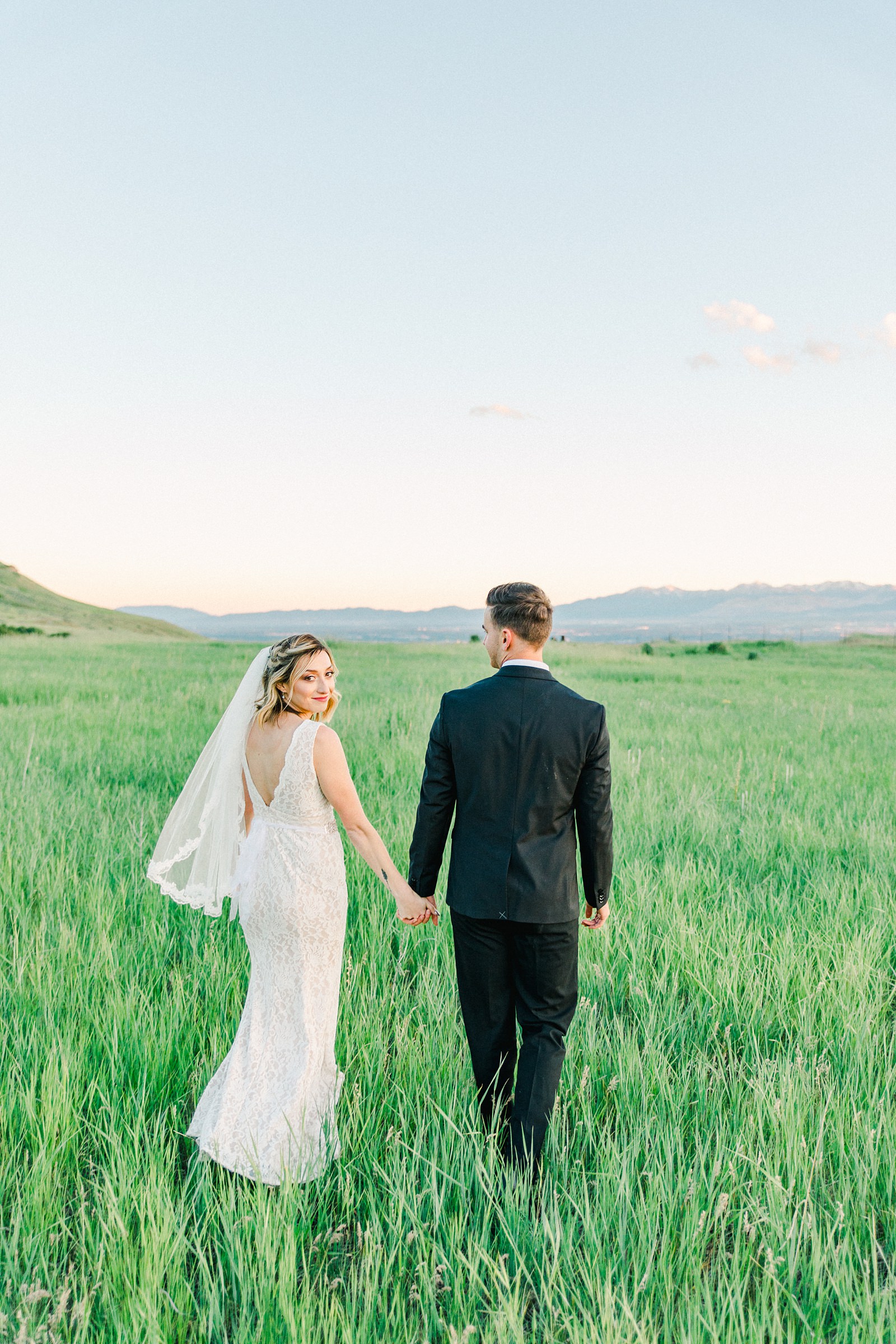 Salt Lake City Utah Bridal Wedding Photography, Tunnel Springs Park, bride and groom in open green field