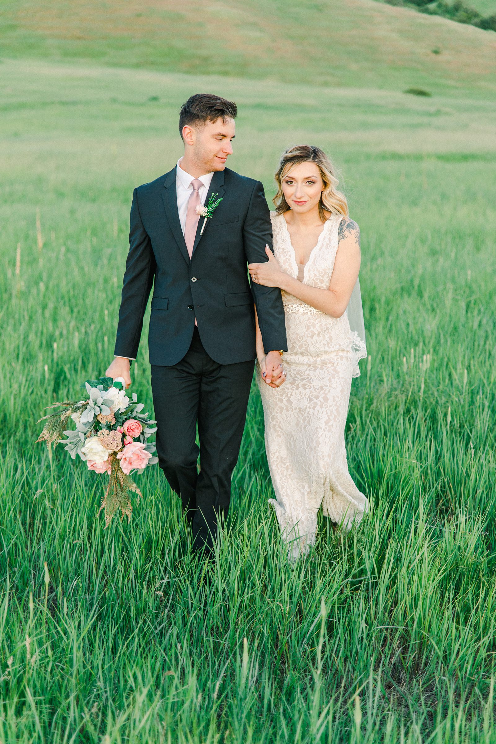 Salt Lake City Utah Bridal Wedding Photography, Tunnel Springs Park, bride and groom in open green field