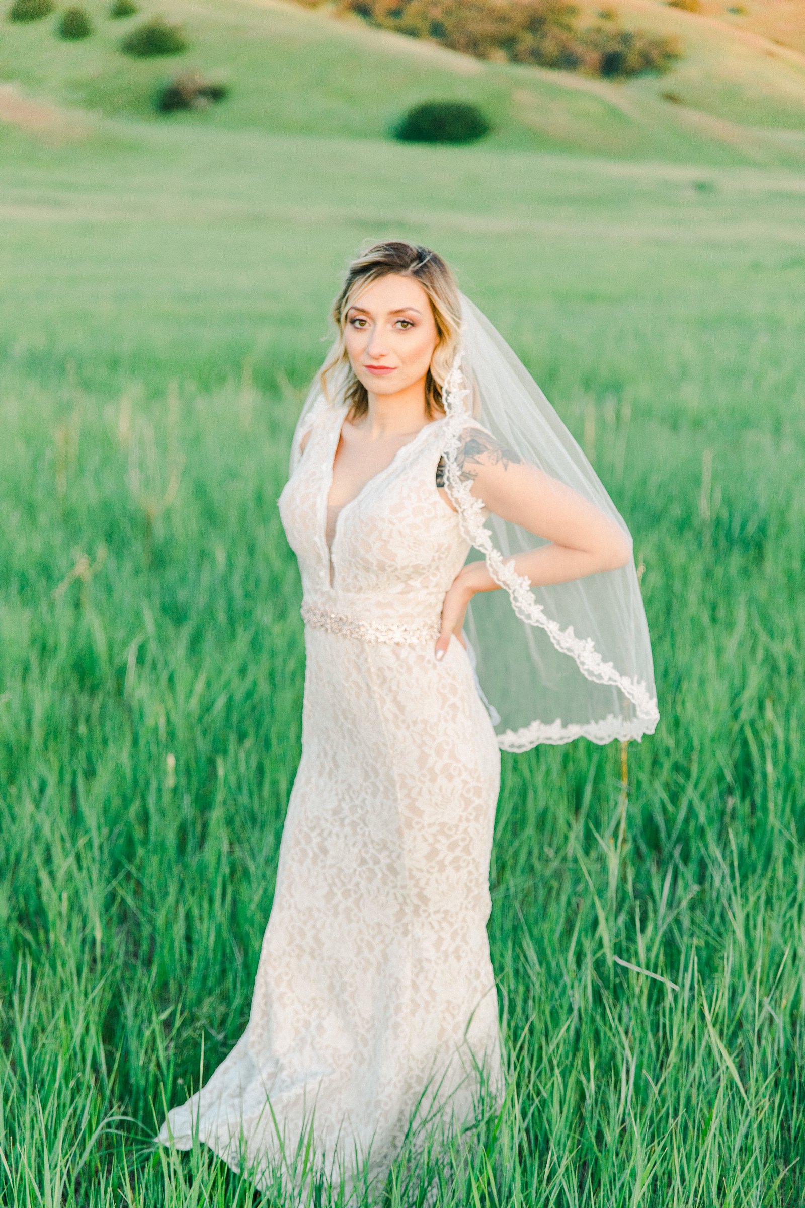 Salt Lake City Utah Bridal Wedding Photography, Tunnel Springs Park, bride wedding dress vintage lace dress with fingertip veil, open green field