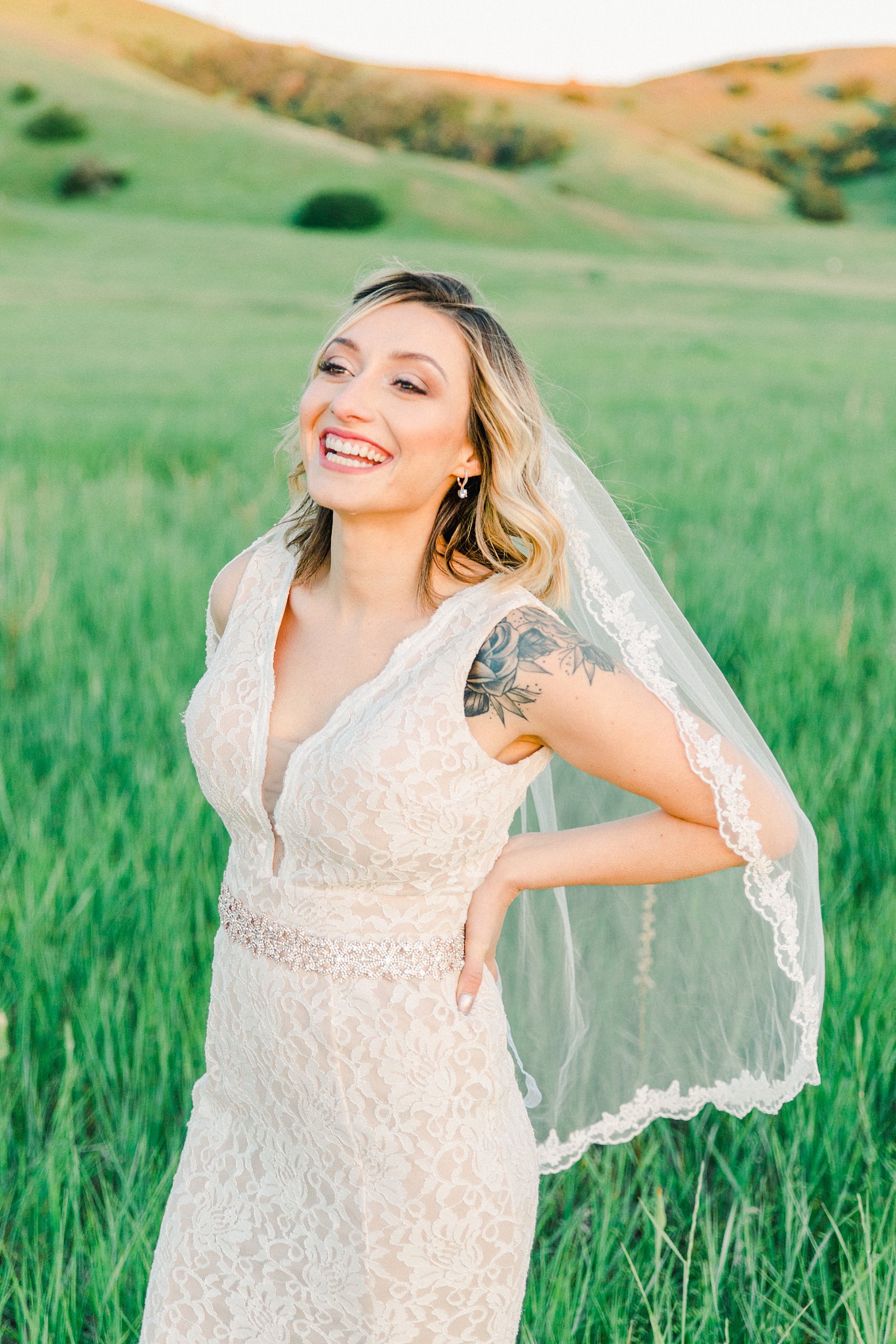 Salt Lake City Utah Bridal Wedding Photography, Tunnel Springs Park, bride wedding dress vintage lace dress with fingertip veil, open green field