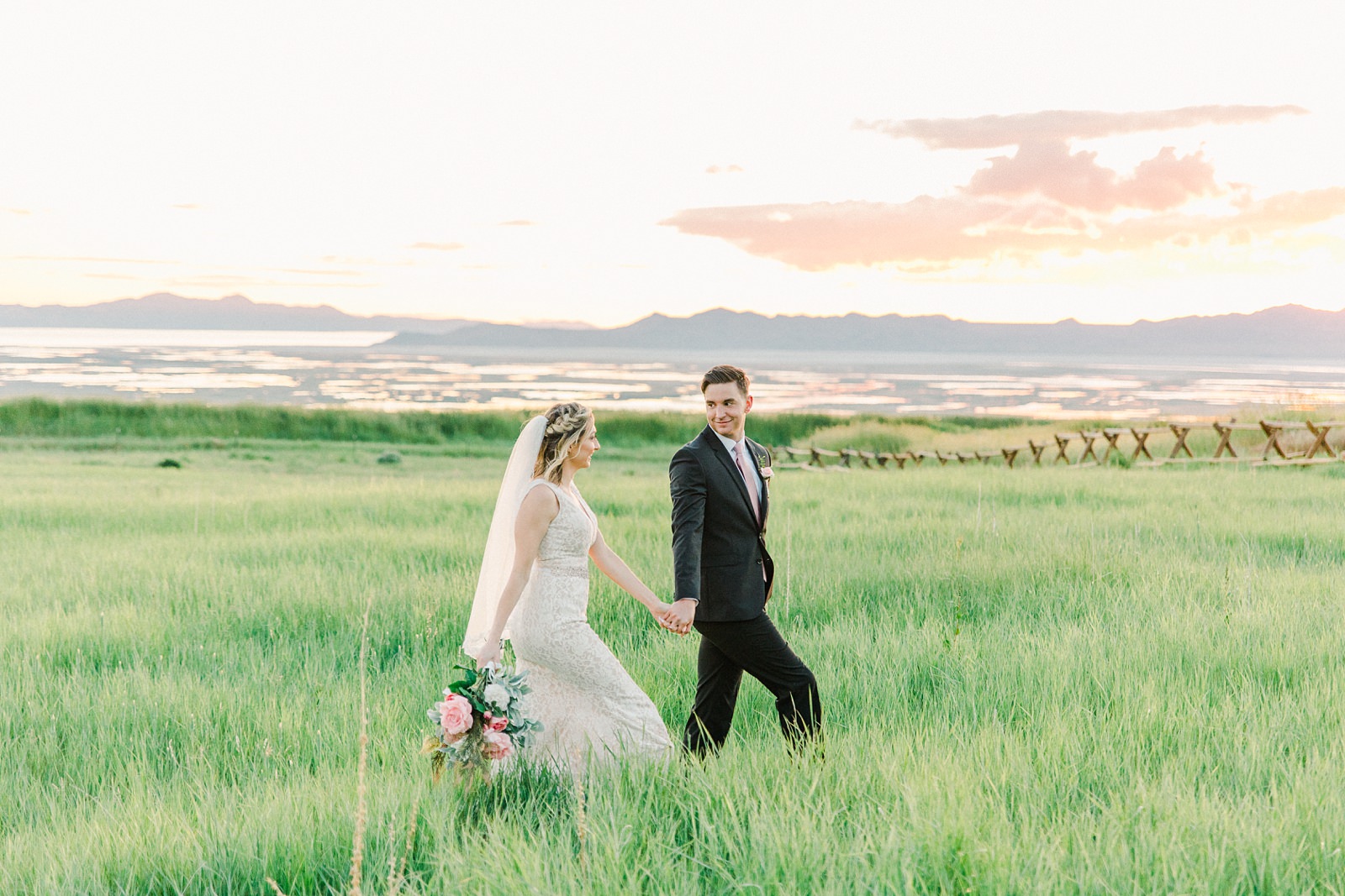 Salt Lake City Utah Bridal Wedding Photography, Tunnel Springs Park, bride and groom in open green field